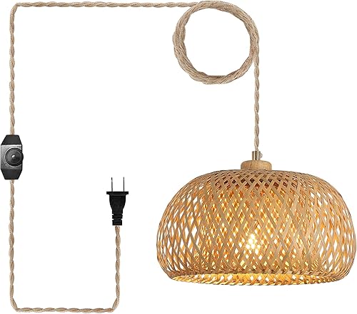 Lámpara colgante de bambú con cable de luz tejido hecho a mano de 14 pies, interruptor regulable, lámpara colgante de cesta bohemia para dormitorio,