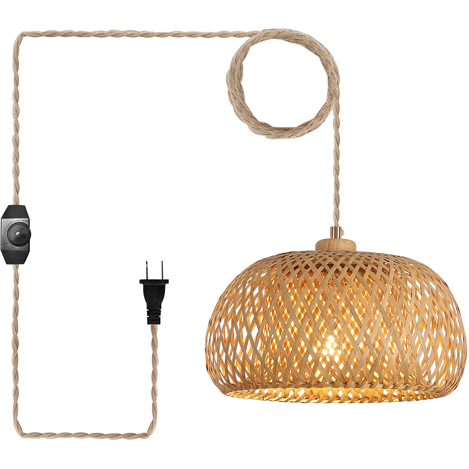 Hchunqjor Bamboo Plug in Pendant Light with 14ft Handmade Woven Light Cord, Dimmable Switch, Boho Basket Hanging Lamp for Bedroom Kitchen Island Decor Farmhouse Living Room