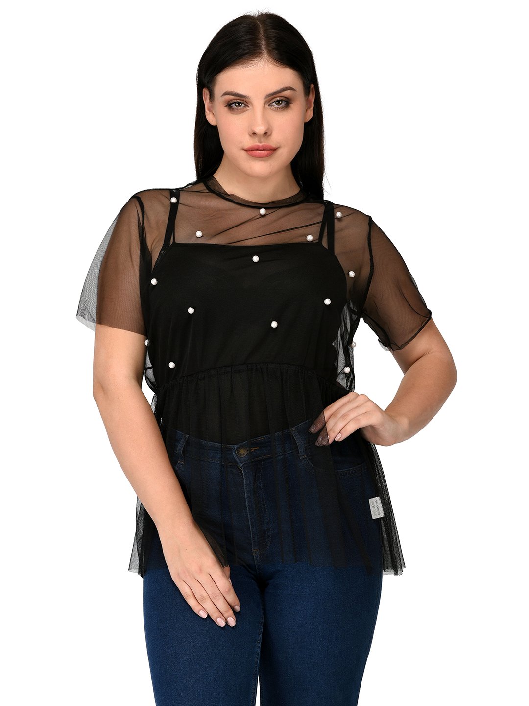 Lastinch Women's Plus Size Pearl Mesh Top