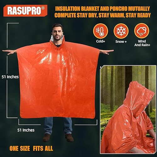 Miniatura 4 de Paquete de 4 ponchos de emergencia con forro de manta de Mylar grueso, resistente al viento, impermeables y térmicos, ponchos de supervivencia