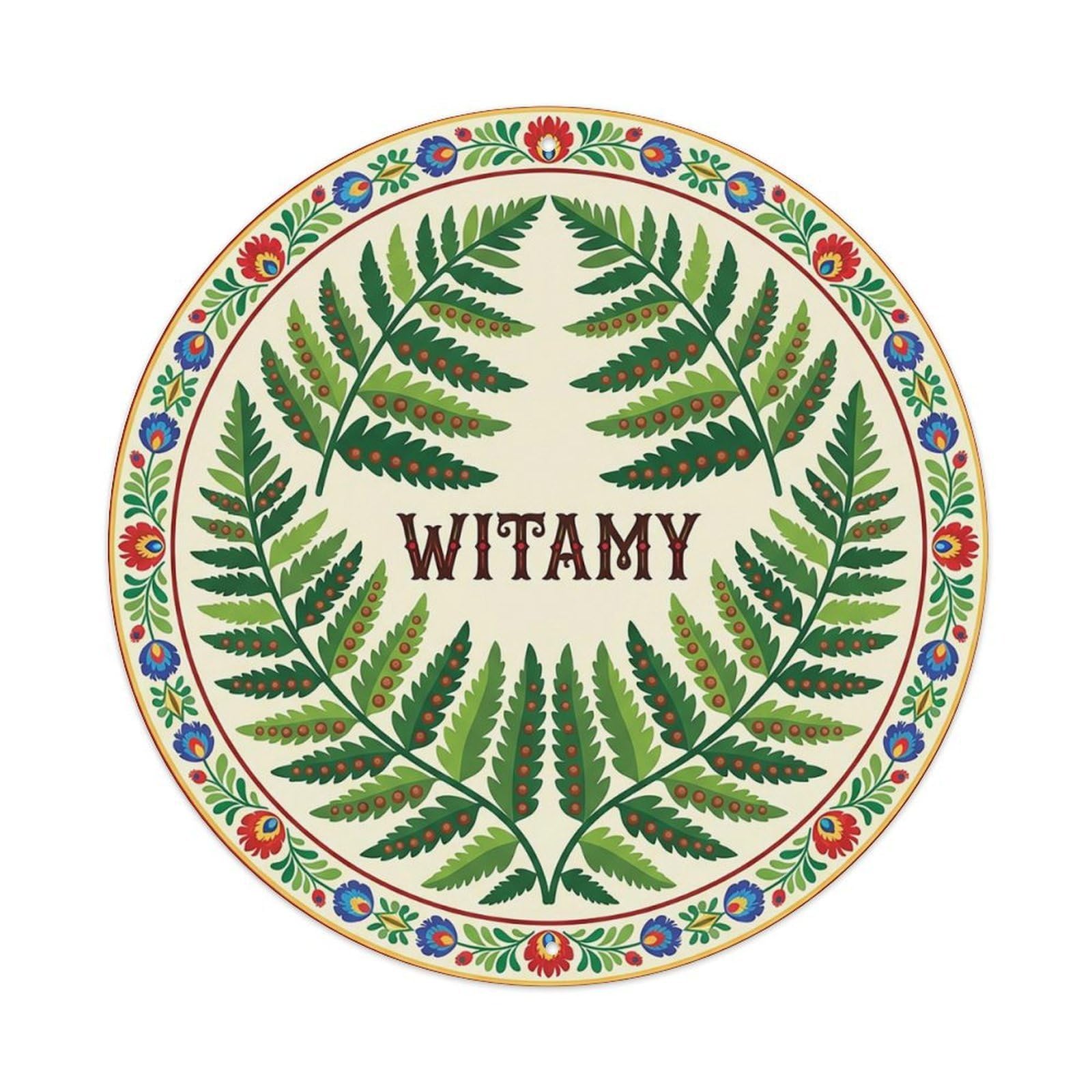 Vintage Polish Folk Art Witamy Welcome Shield Fern Metal Tin Sign