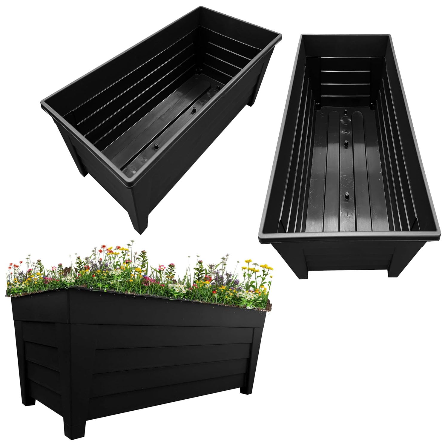 STAR SUPPLIES Set Of 4 Black Grosvenor Trough Planters Perfect For Displaying Flowers & Plants