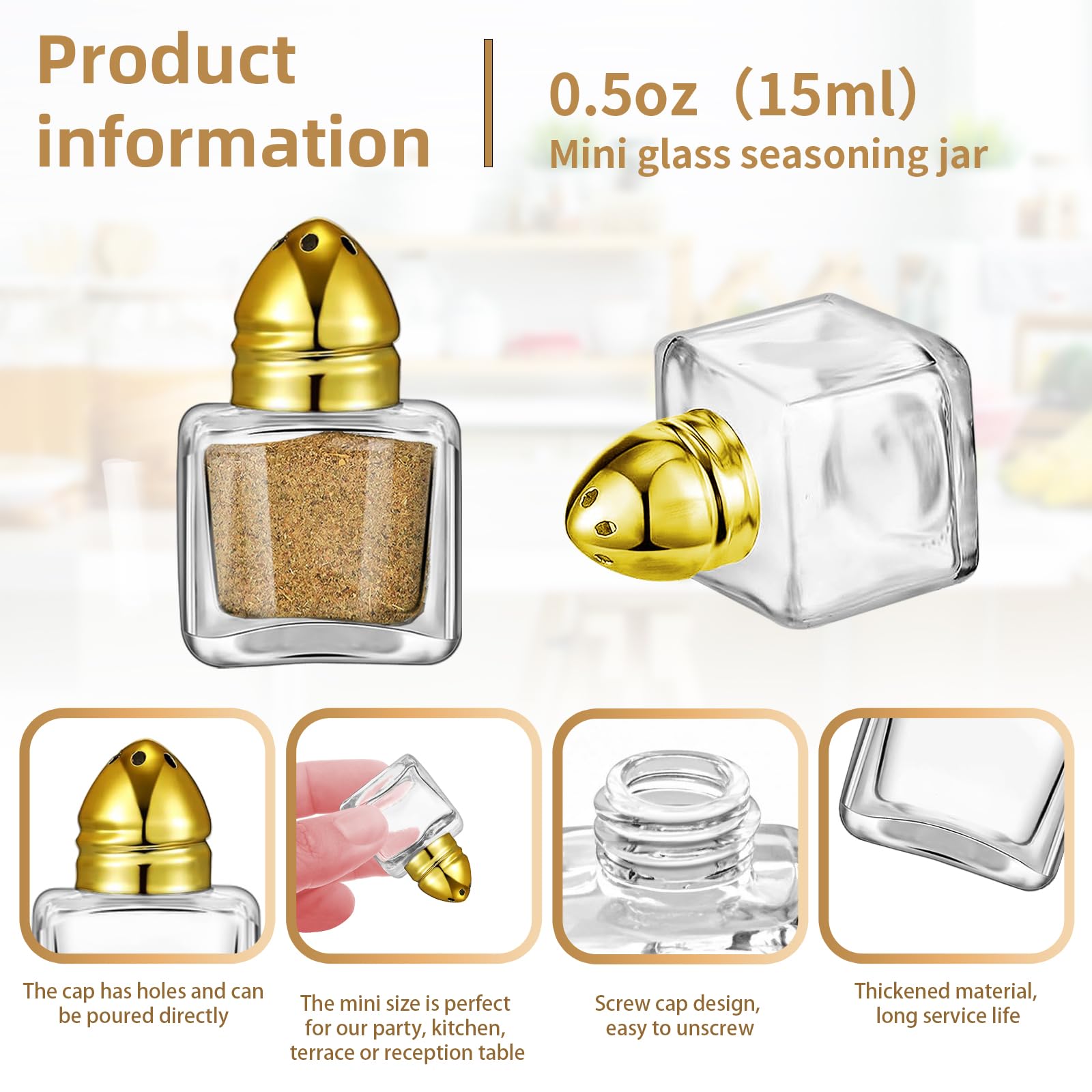 Lot de 100 mini salières et poivrières en vrac de 14,2 g, petits cubes en verre avec couvercle en acier inoxydable pour cuisine, restaurant, voyage, maison, camping, fête (doré)