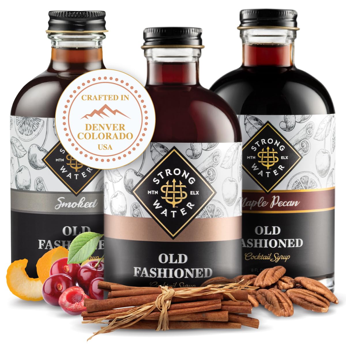 Strongwater Old Fashioned Craft Cocktail Mixer - Makes 96 Cocktails - Handcrafted Old Fashioned Syrup with Maple, Pecans & More - 3 Pack Gift Set, Just Mix with Bourbon or Whiskey