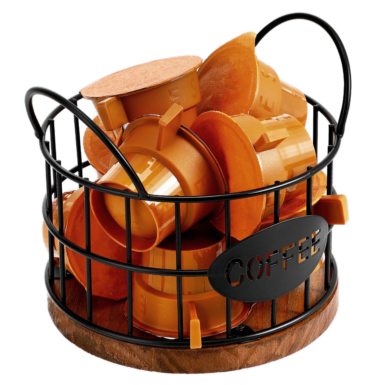 Kichvoe Coffee Pod Holder - Black Wire Coffee Capsule Basket with Wooden Base and Handles - Compact Station Organizer for Countertop - Multi-Functional Bar Accessory