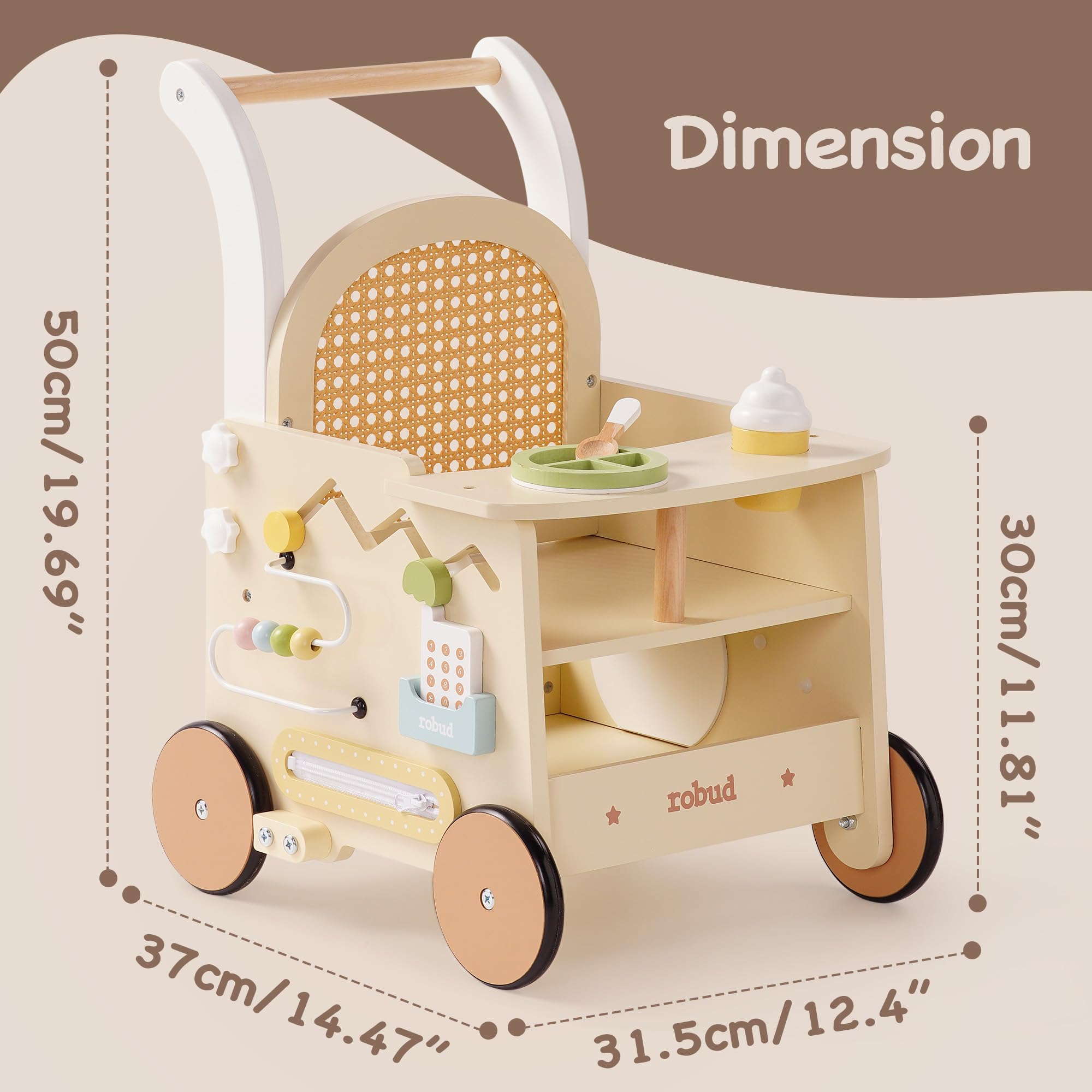 ROBUD Marchette en bois pour enfants de 1 à 2 ans, poussette 2 en 1 avec centre d'activités pour les tout-petits, marcheur à pousser avec frein de sécurité, jouets éducatifs pour garçons et filles de