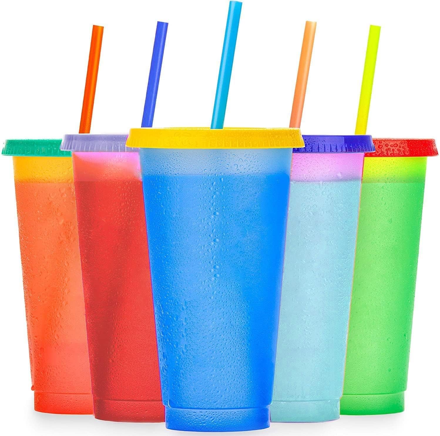 Paquete de 5 vasos de plástico con tapas y popotes, tazas de café helado reutilizables de 24 onzas, tazas de café helado, botellas de batido, tazas Boba para fiesta, picnic