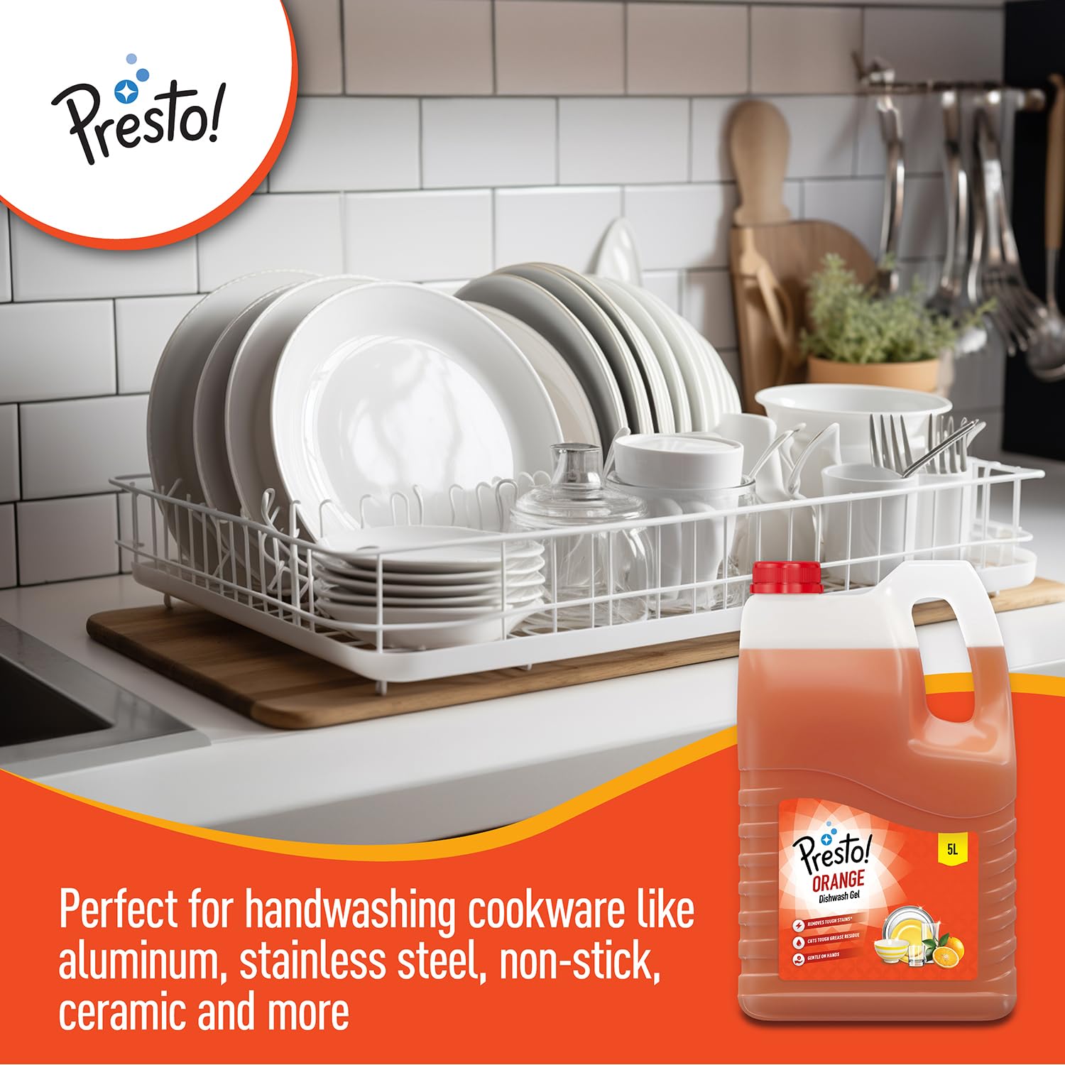 Amazon Brand - Presto! Dishwash Gel Refill Can, (Orange) - 5 Liter| Leaves No Residue and foul smell| Grease Cleaner For All Utensils |Super Saver Pack 1