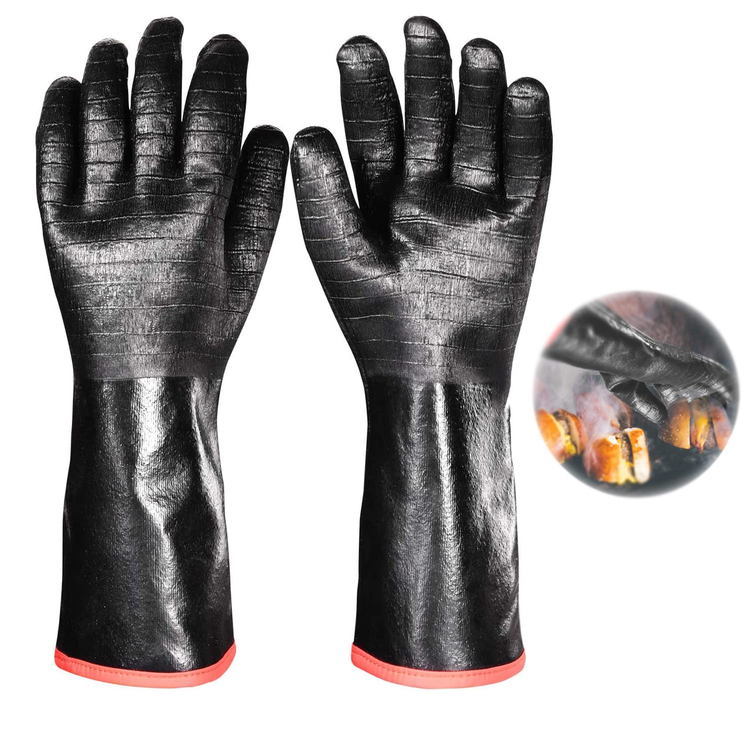 BBQ Gloves,14IN 932¨H Heat Resistant For Grill/Smoker/Cooking/Pit/Barbecue, Textured Palm Handle Greasy Food on Your Fryer/Grill/Oven Without Slip, Waterproof, Oil Resistant, Very Easy to Clean