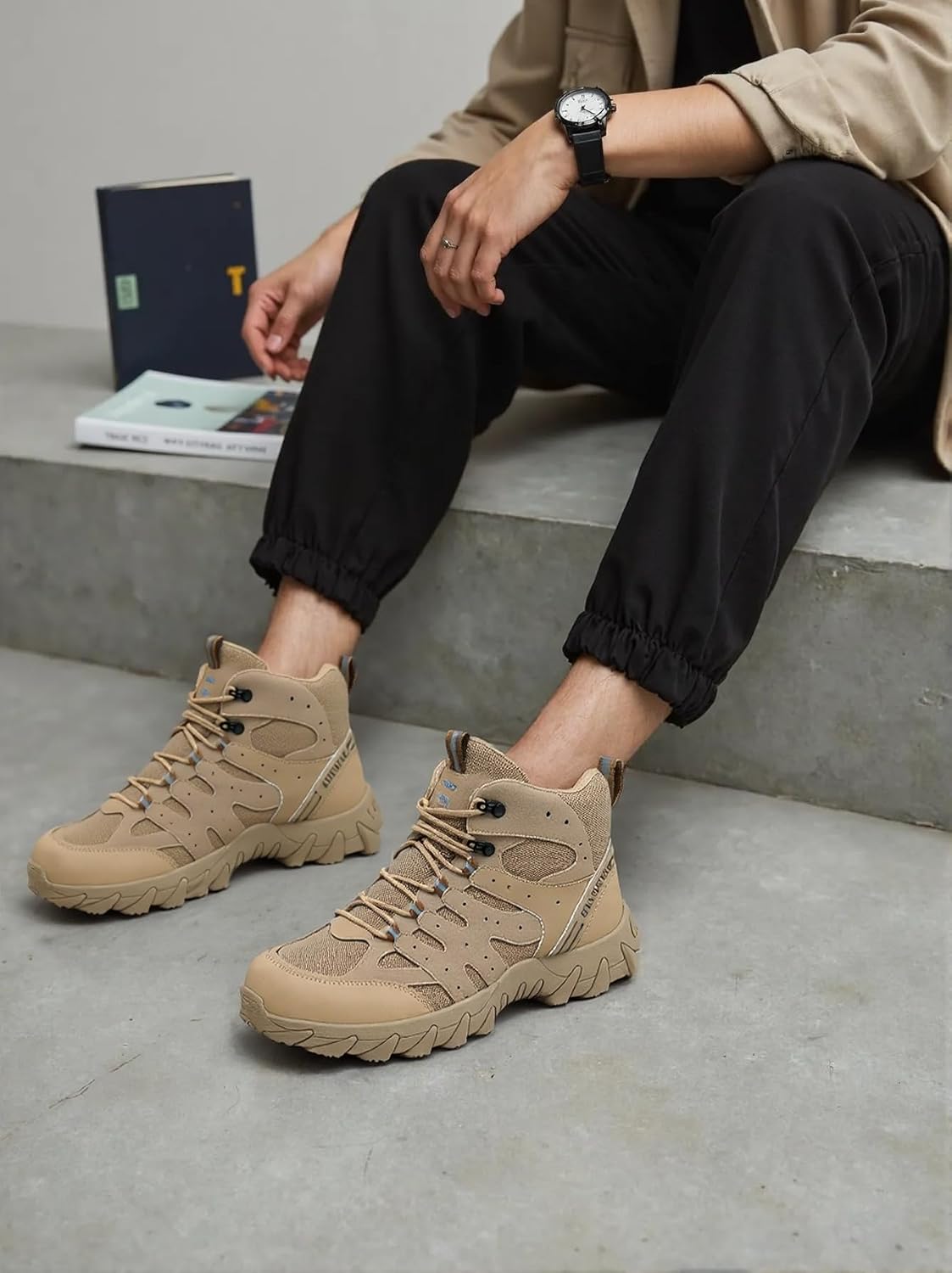 ORISTACO Work Safety Combat Boots for Men, Lightweight Breathable Steel Toe High Top Construction Footwear