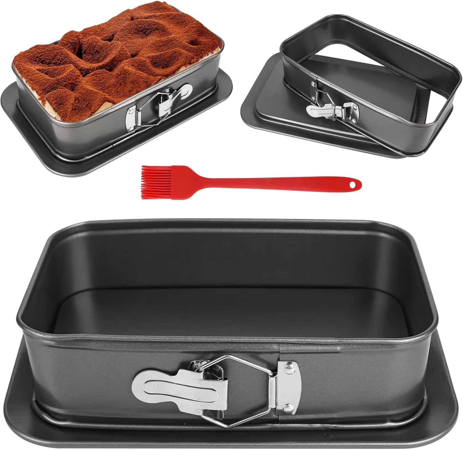twirush Springform Cake Tin, 29.5x19.5cm Large Rectangle Cake Pan, Non-Stick Loose Bottom Baking Tray with Silicone Brush, Dishwasher Safe Baking Pan for Cheesecake, Tiramisu, Brownies & Traybakes