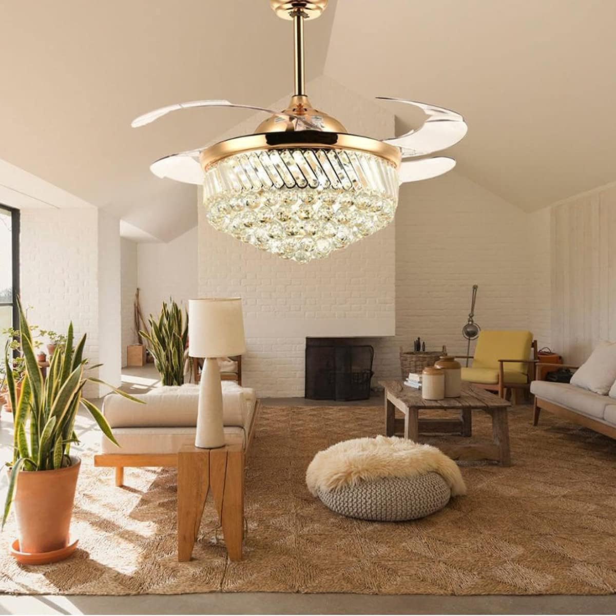 Super Sale 🛒 FANSAN 36 Crystal Ceiling Fan with Light and Remote, 3 Speeds 3 Color Dimmable, Retractable Blade, Silent Motor, Modern Crystal Chandelier Fan for Livingroom Bedroom Dining Room