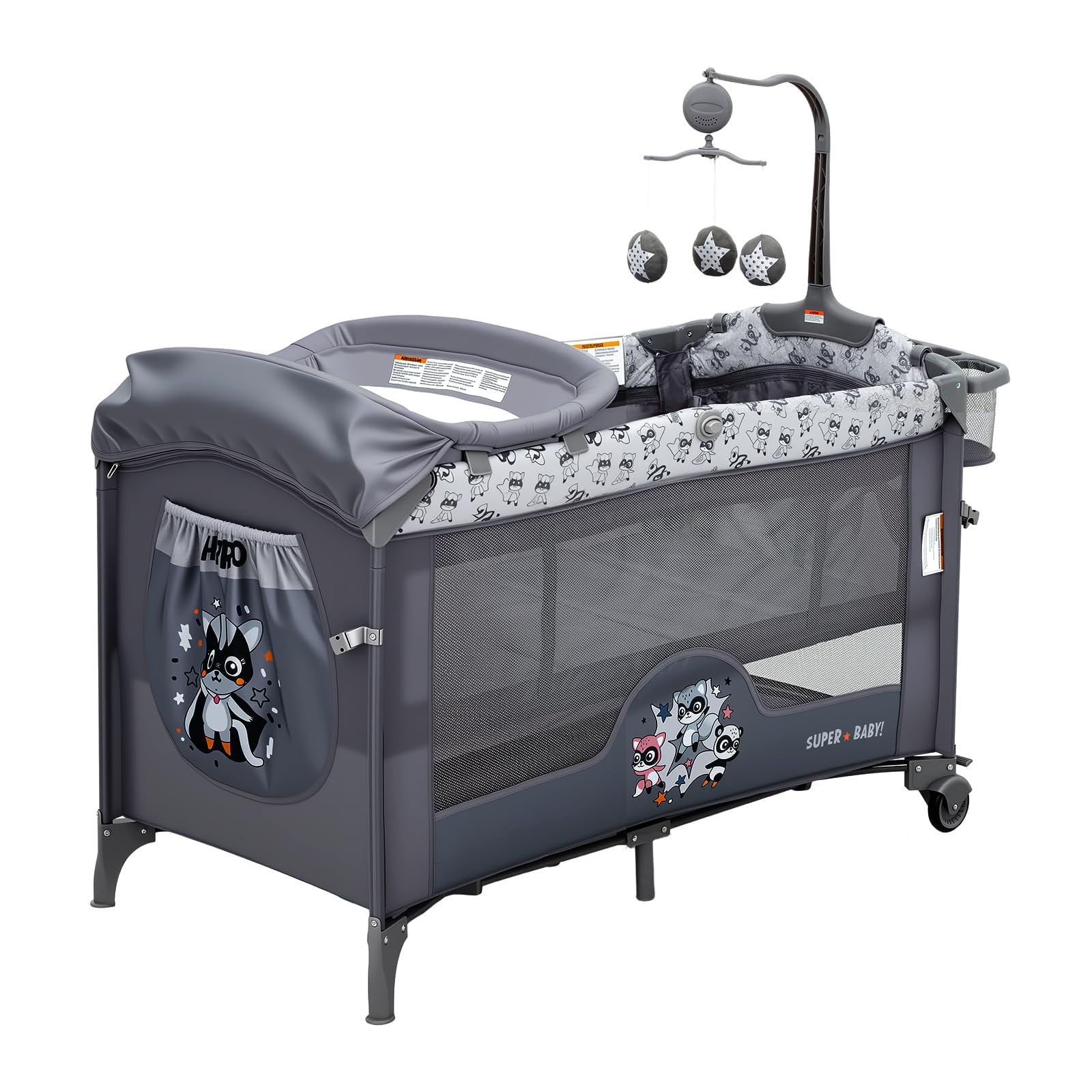 5 en 1 Lit Bébé Pliable,Réglables en Hauteur, Aucune Installation Nécessaire,Jouets,Table à Langer, Super Forte Charge Porteuse, Facile à Voyager, Moustiquaire, De La Naissance à La Petite Enfance