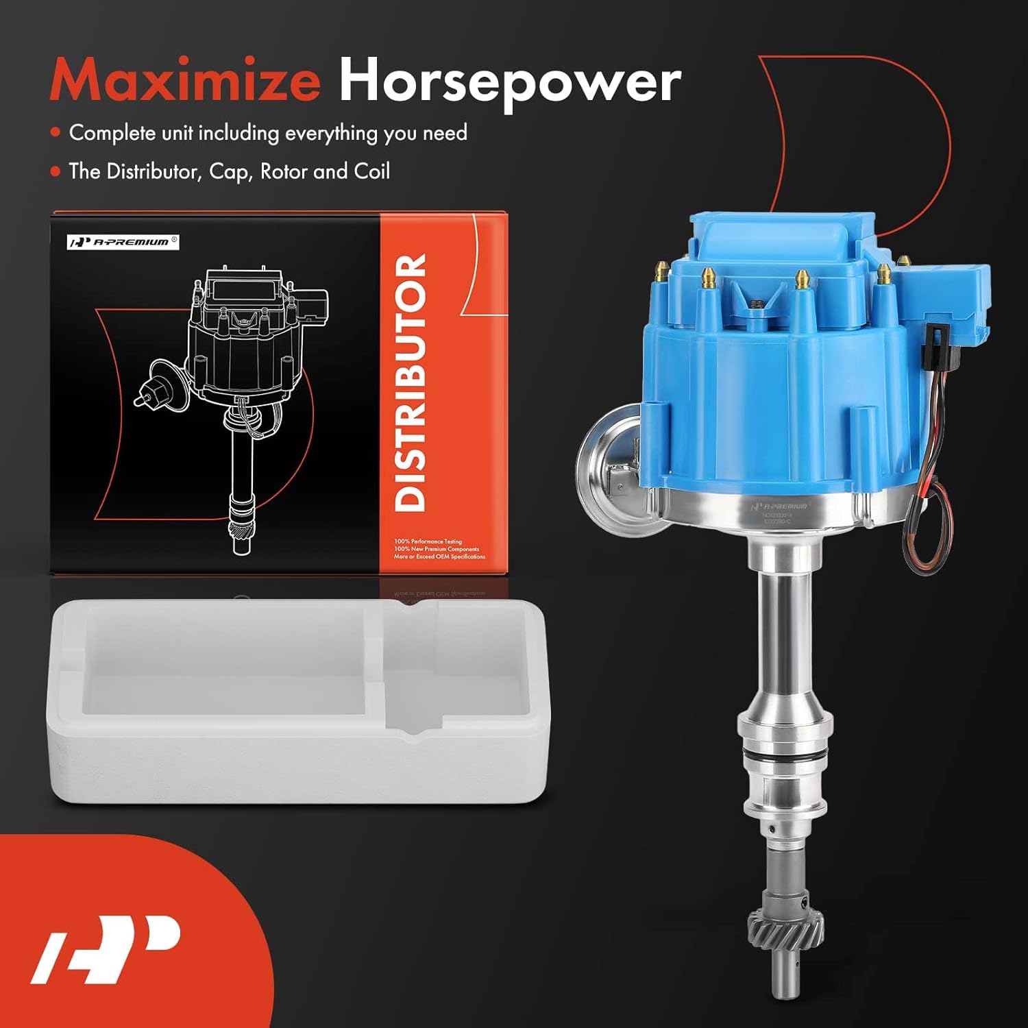 A-Premium Ignition Distributor with Cap and Rotor Compatible with Ford 351C 351M 400 429 460 HEI Distributor 7500 RPM 65K Coil, Blue