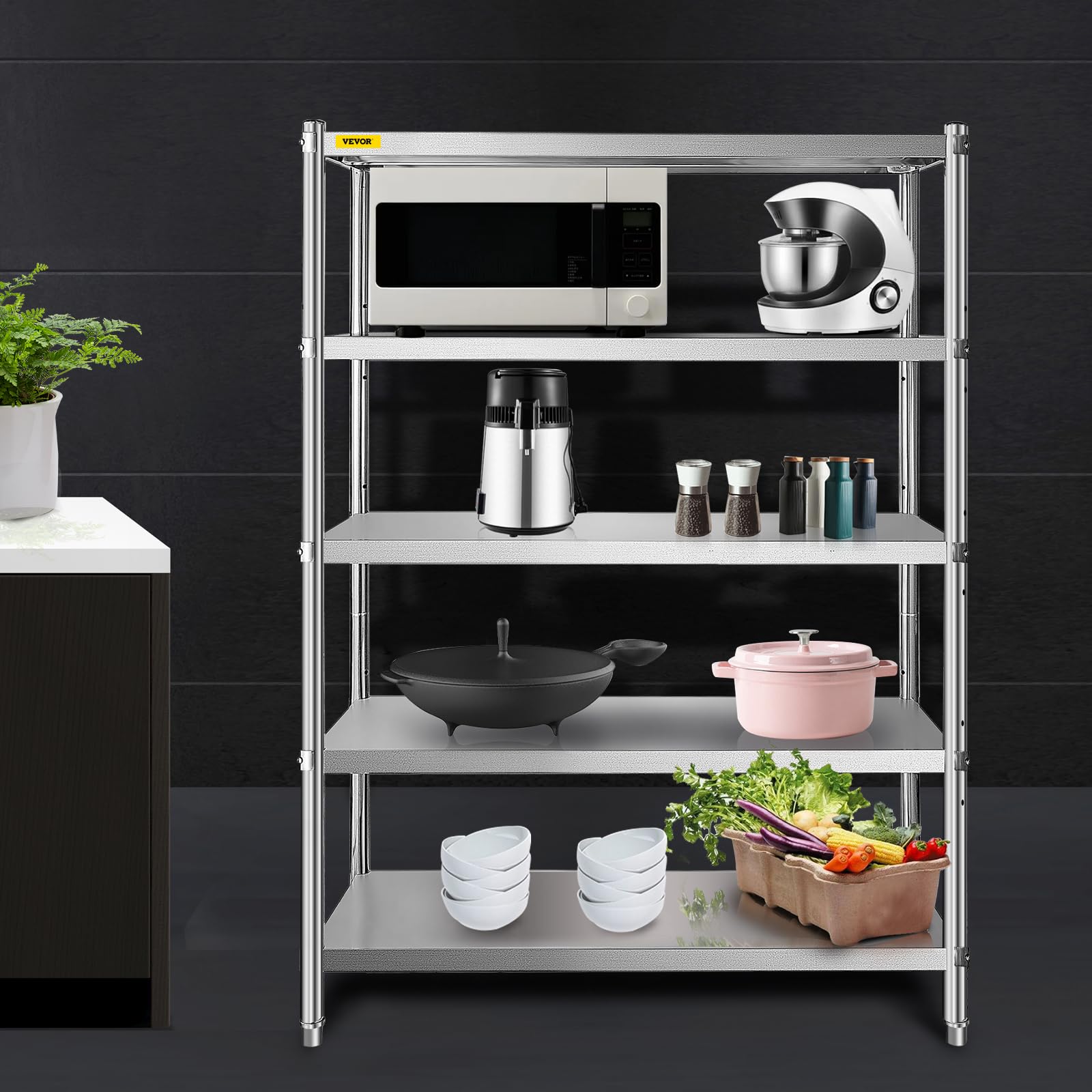 VEVOR Küchenregal 5 Ebenen, Standregal bis 750 kg (150 kg pro Boden), Edelstahlregal Gastronomie mit Verstellbaren Füßen & Regalböden, Schwerlastregal für Lager Garage Werkstatt, 1200 x 455 x 1830 mm