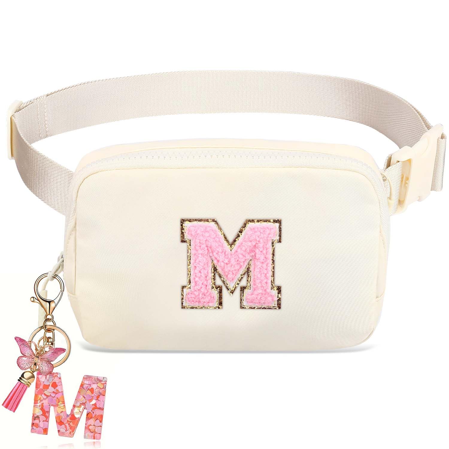 Fanny Pack for Kids Girls 10-12 - Small Waist Belt Bag with Initial Letter Patch and Extender Strap for Women Teen Girl Friends Mini Bum Hip Travel Purse Crossbody Belt Bag M, Beige