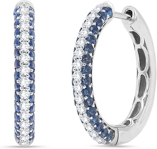 Round Shape Simulated Blue Sapphire and White Natural Diamond Hinged Hoop Earrings in 14K White Gold Over 925 Sterling Silver (1.53 Cttw)