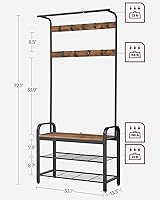 Vista 5 de VASAGLE Perchero, árbol de pasillo con banco de zapatos para entrada, banco de entrada con perchero, 4 en 1, con 9 ganchos extraíbles, una barra