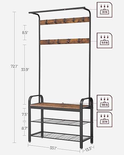 Miniatura 5 de VASAGLE Perchero, árbol de pasillo con banco de zapatos para entrada, banco de entrada con perchero, 4 en 1, con 9 ganchos extraíbles, una barra