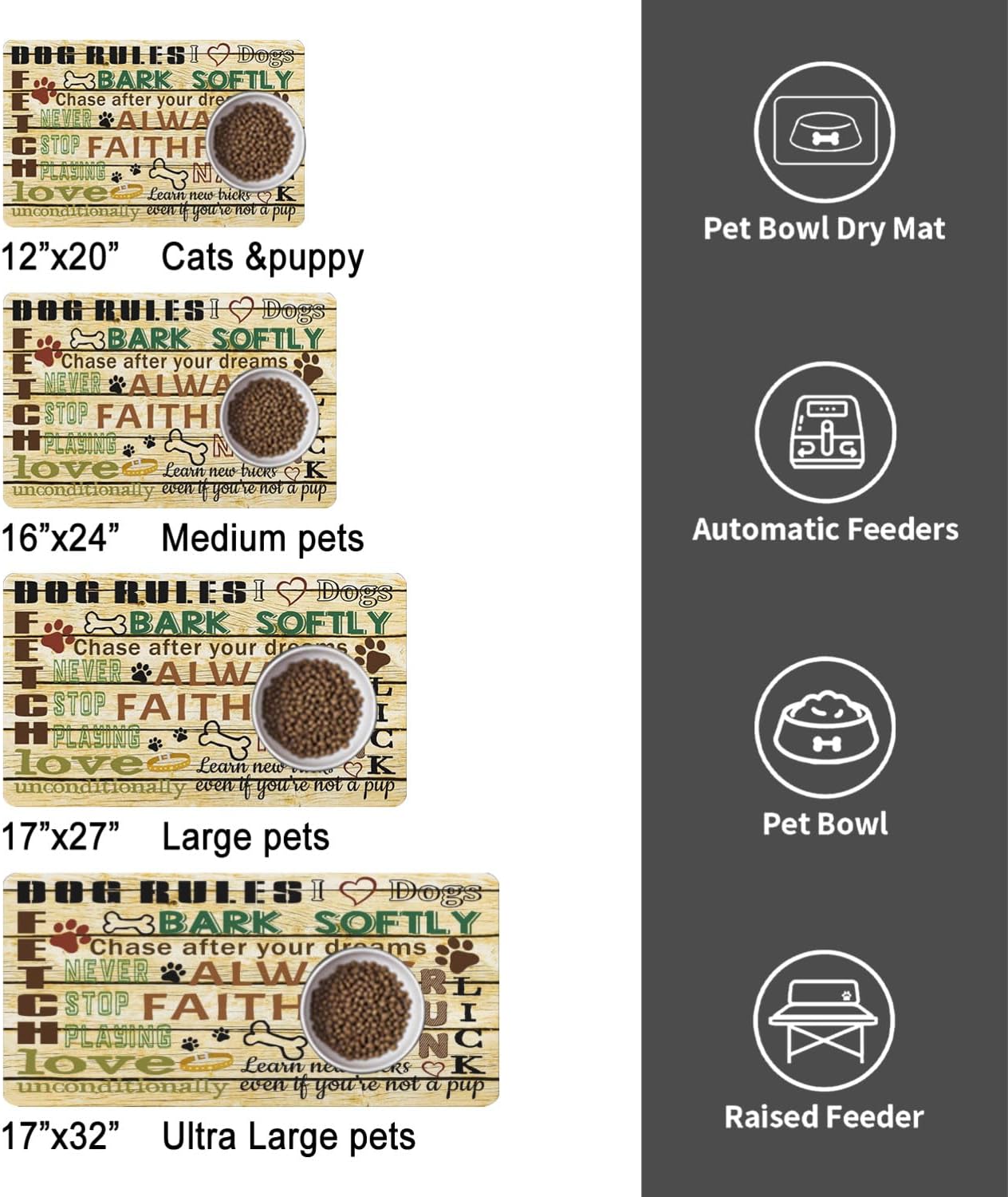Dog Food Mat for Floors, Absorbent and Quick-Drying Pet Cat Food Mat,Anti-Fouling and Easy-to-Clean Pet Feeding Mat,Dog Bowl Mats for Messy Drinking Water Bowls.17x32inch Dog Rules