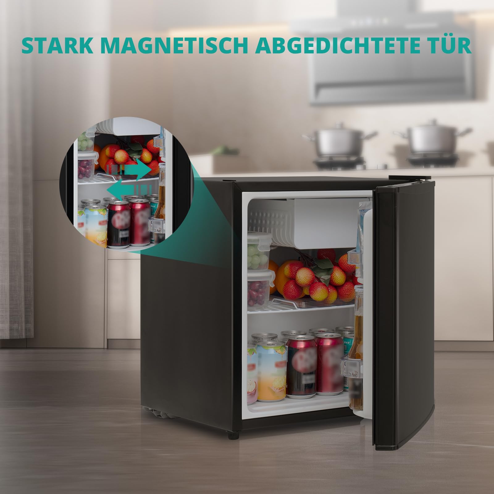 SMETA Mini Kühlschrank 45L, Klein Kühlschrank Leiser, 39dB Getränkekühlschrank 6-Stufen Thermostat 0-10°C, Minibar mit wechselbarem Türanschlag für Zuhause Büro Camping Schlafzimmer, Schwarz