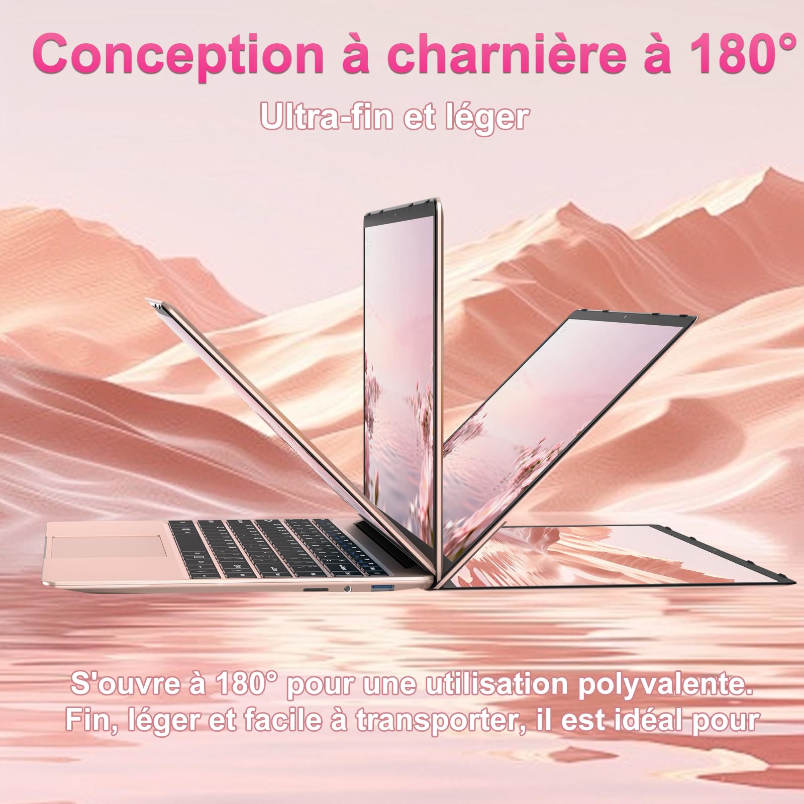 bvate Ordinateur Portable 14" 256 Go Win 11 N4020 Support Expansion 1 to SSD 1080P 2.4G+5G WiFi Mini HDMI & Souris sans Fil et Un Film de Clavier AZERTY pour Clavier - Or Rose