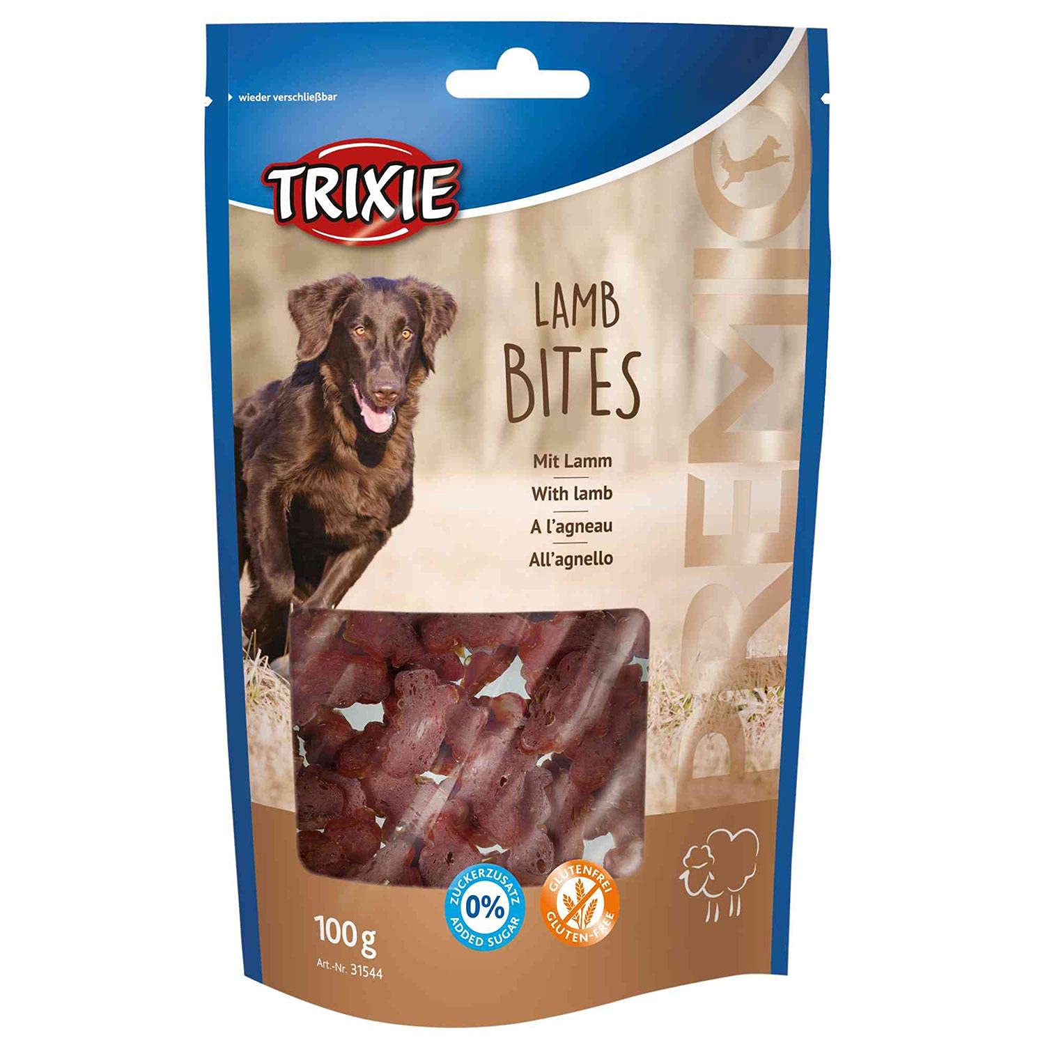 TRIXIE Premio friandises pour Chien Bites à l'agneau, 100 g – friandise savoureuse à la Viande d'agneau, sans Sucre ajouté ni Gluten – récompense Naturelle pour l'entraînement