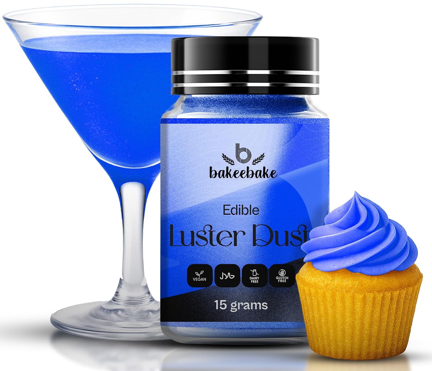 Bakeebake Luster Dust Edible 15g - Edible Glitter for Drinks & Desserts - Gluten Free Edible Blue Dust for Cake Decorating – Tasteless Vegan Drink Glitter for Cocktails and Parties (Blue)