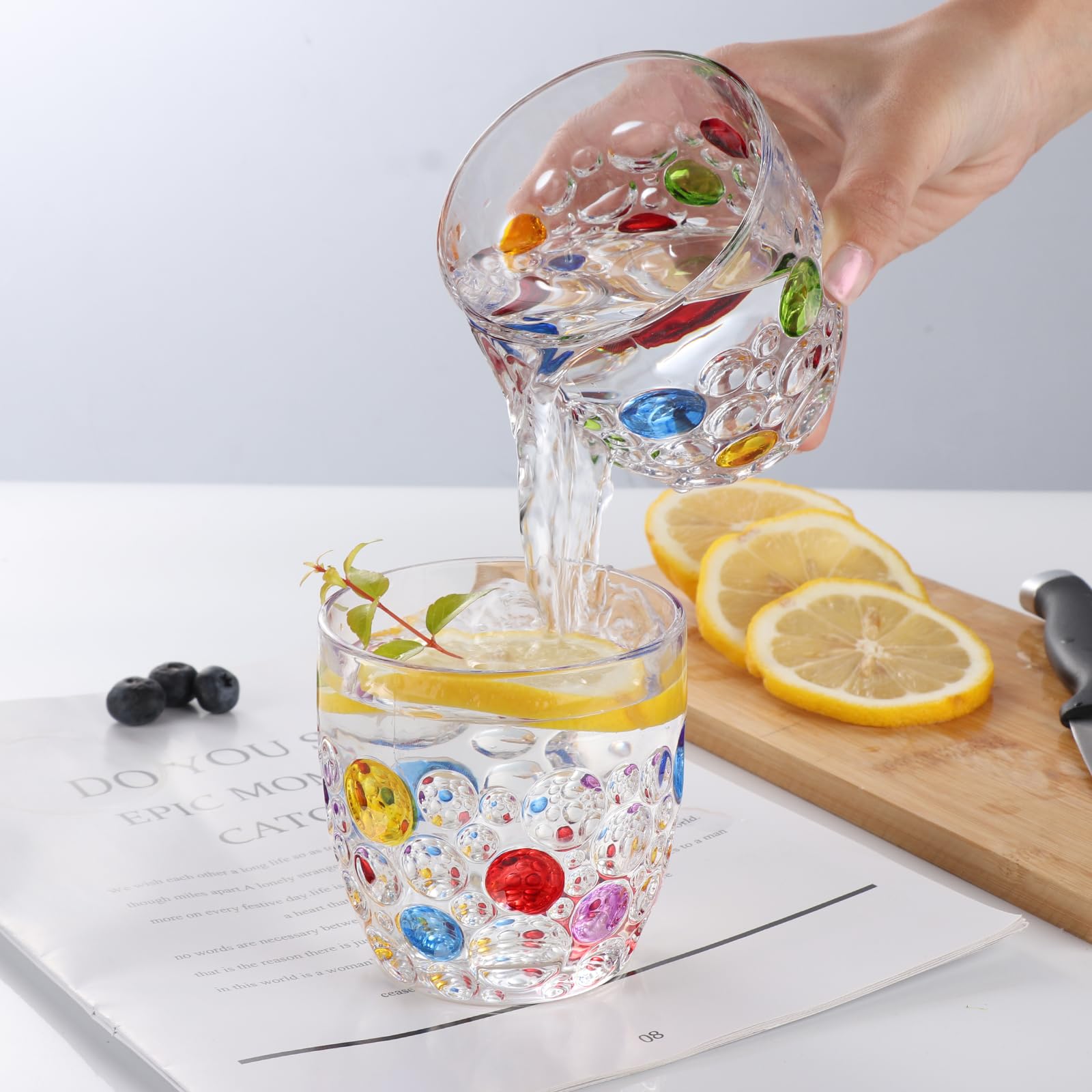 Set mit 6 handgefertigten farbigen Perlen-Gläsern, 325 ml, moderne Hobnail-Trinkgläser, für Wasser, Bier, Saft, Cocktail, Whiskey, Geschenk