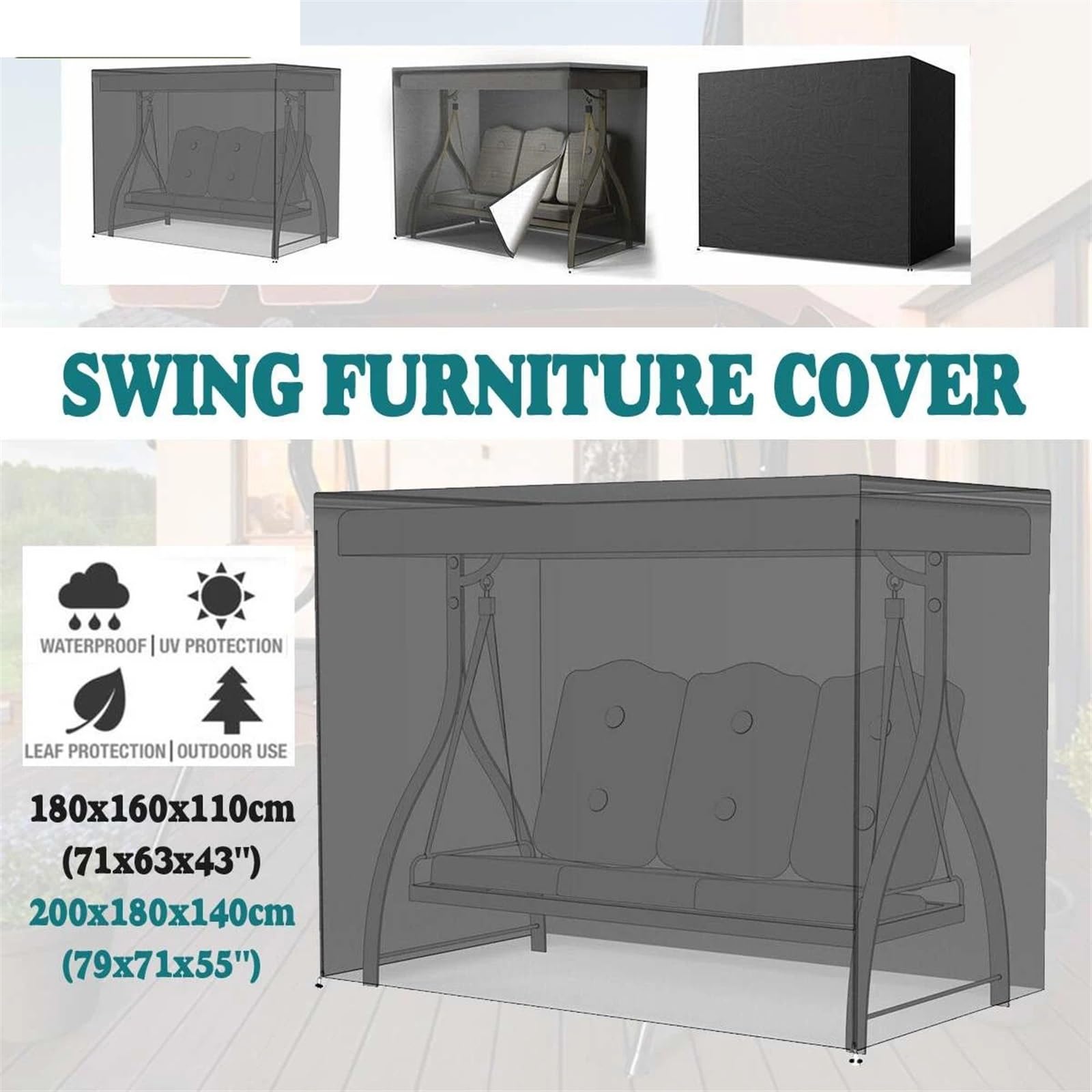 Copertura for Altalena da Giardino, Parasole, Impermeabile e Antipolvere, in Tessuto Oxford, Nero, 2 Misure per Giardino(Black 200x180x140cm)