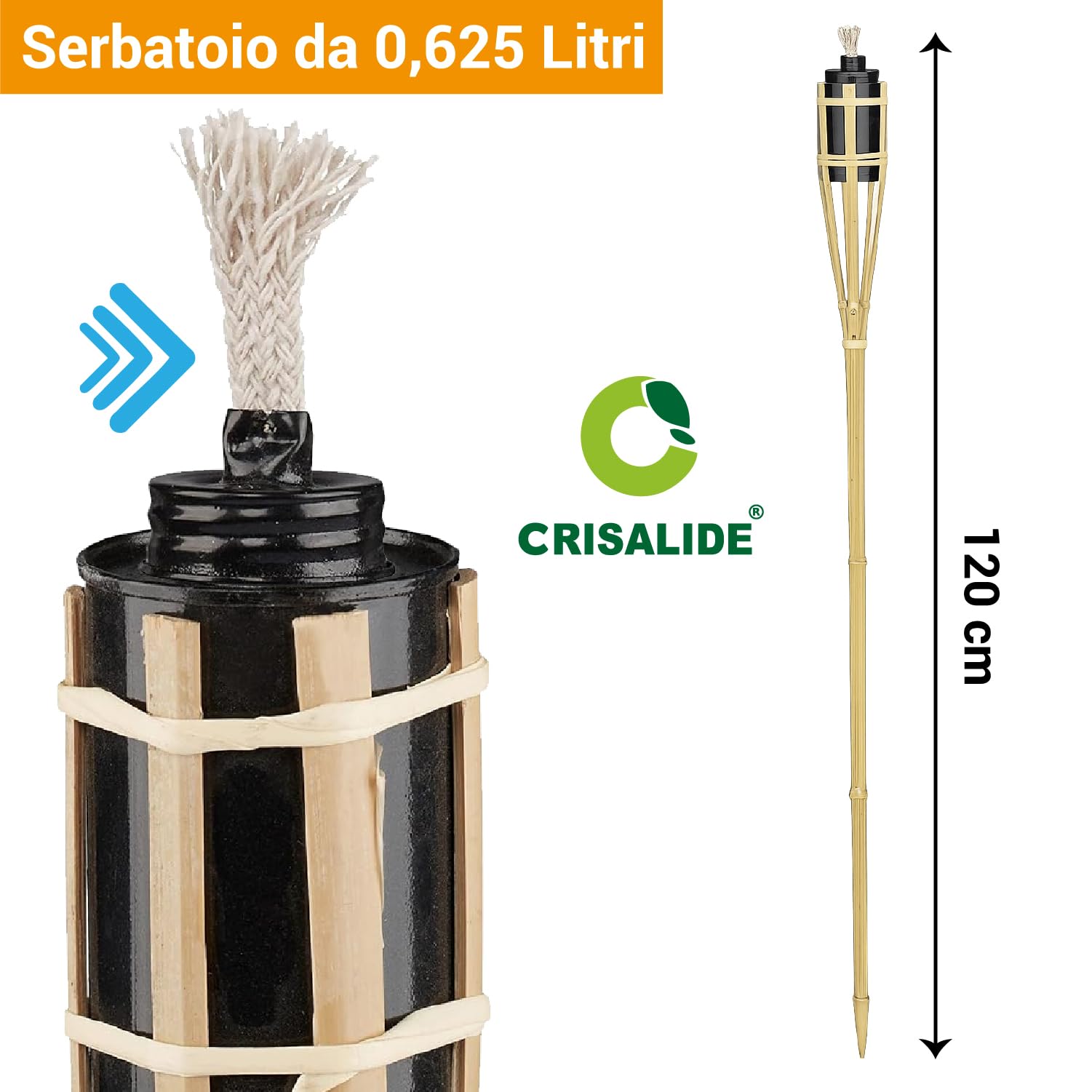 Crisalide® - Torce ad Olio in Bambù per Giardino – Fiaccole Decorative da Esterno con Serbatoio in Metallo e Stoppino – Ideali per Patio, Vialetti e Piscina – Set 5 o 10 Pezzi (10, 120 Cm - 0,625 L)