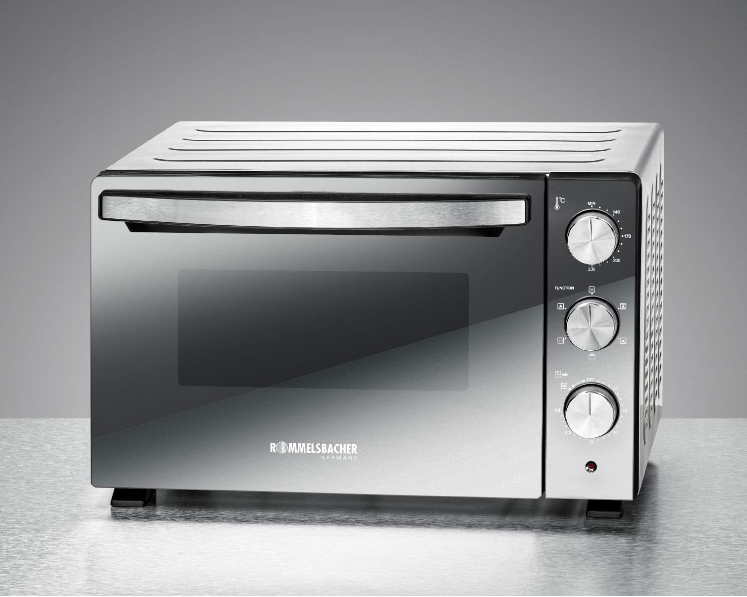 ROMMELSBACHER Back & Grill Ofen BGS 1500 - energiesparend & effizient, Backraum antihaftbeschichtet, 6 Heizarten, Drehspieß, 120 Min. Zeitschaltuhr, Doppelverglasung, silber, 1500 W, Edelstahl
