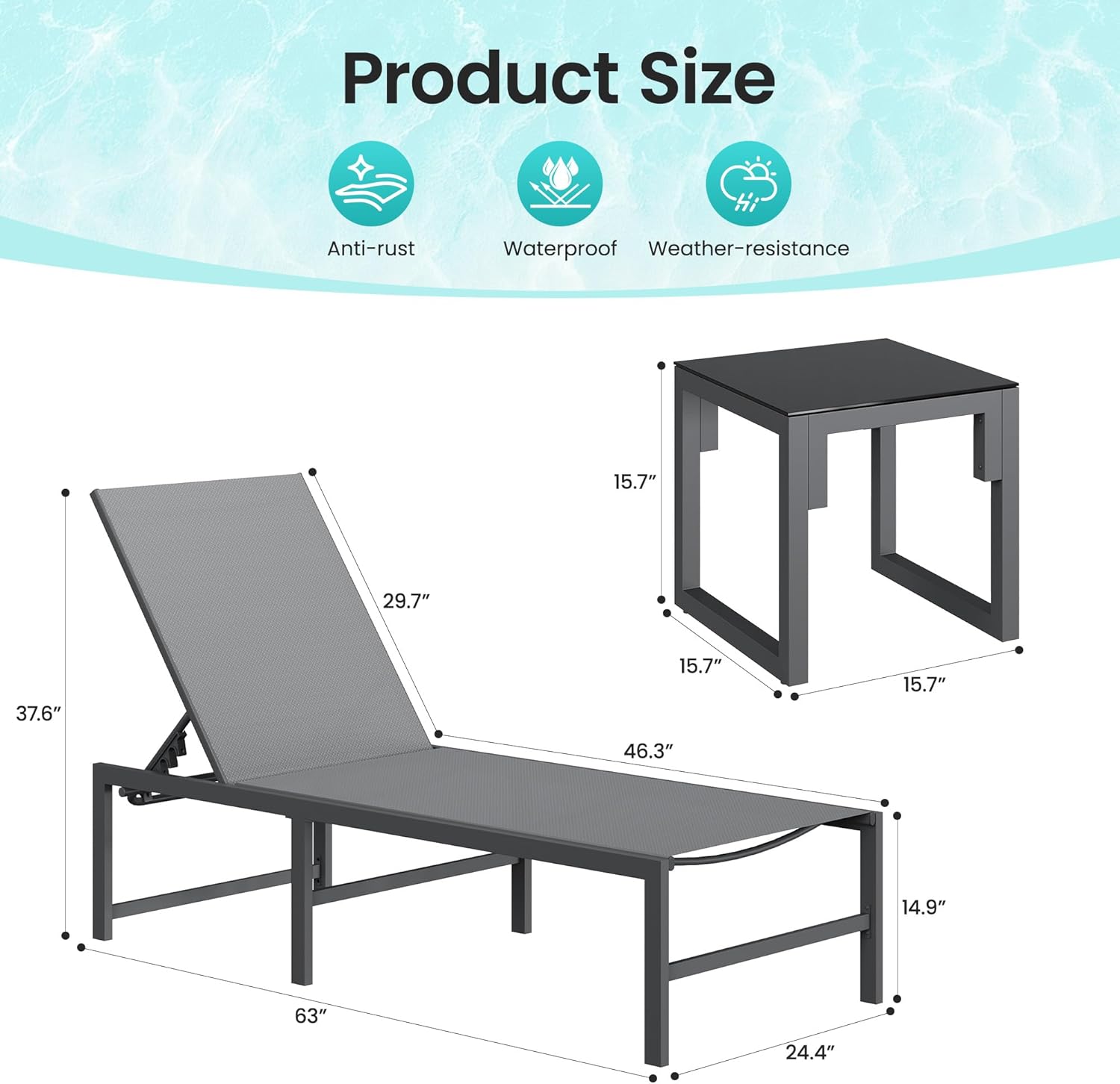 Amopatio 3 Piece Patio Lounge Chair Set Adjustable Outdoor Chaise Lounge with Side Table for Poolside Weather Resistant Pool Lounge Furniture Set for Backyard Beach, 400 LBS Capacity(Gray)