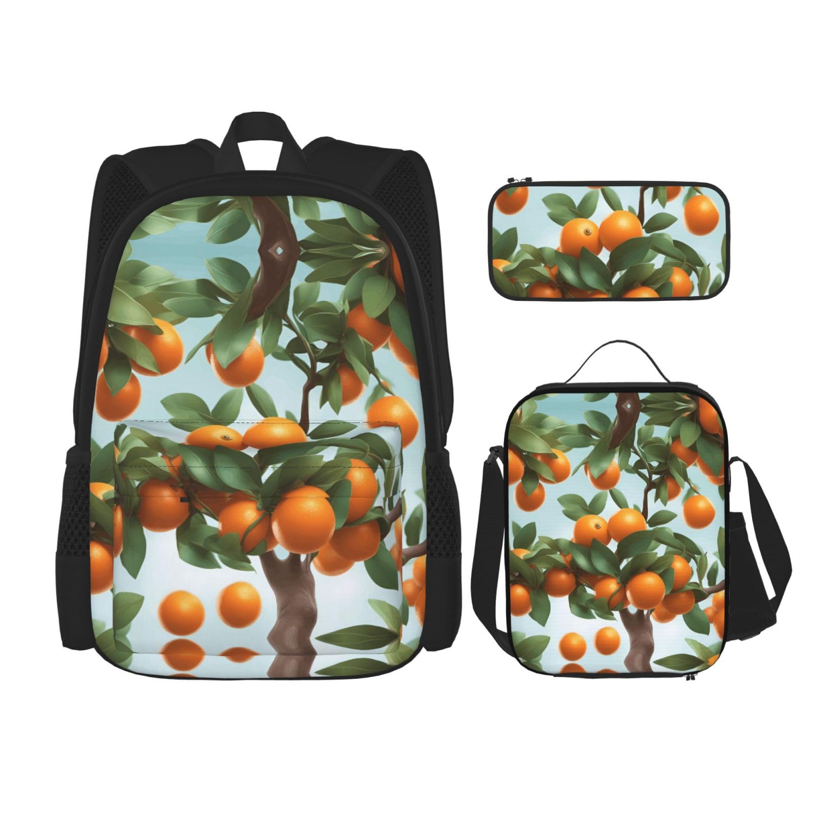 Set di 3 zaini per computer portatile con borsa termica per il pranzo e organizer per il lavoro con molte arancioni sull'albero