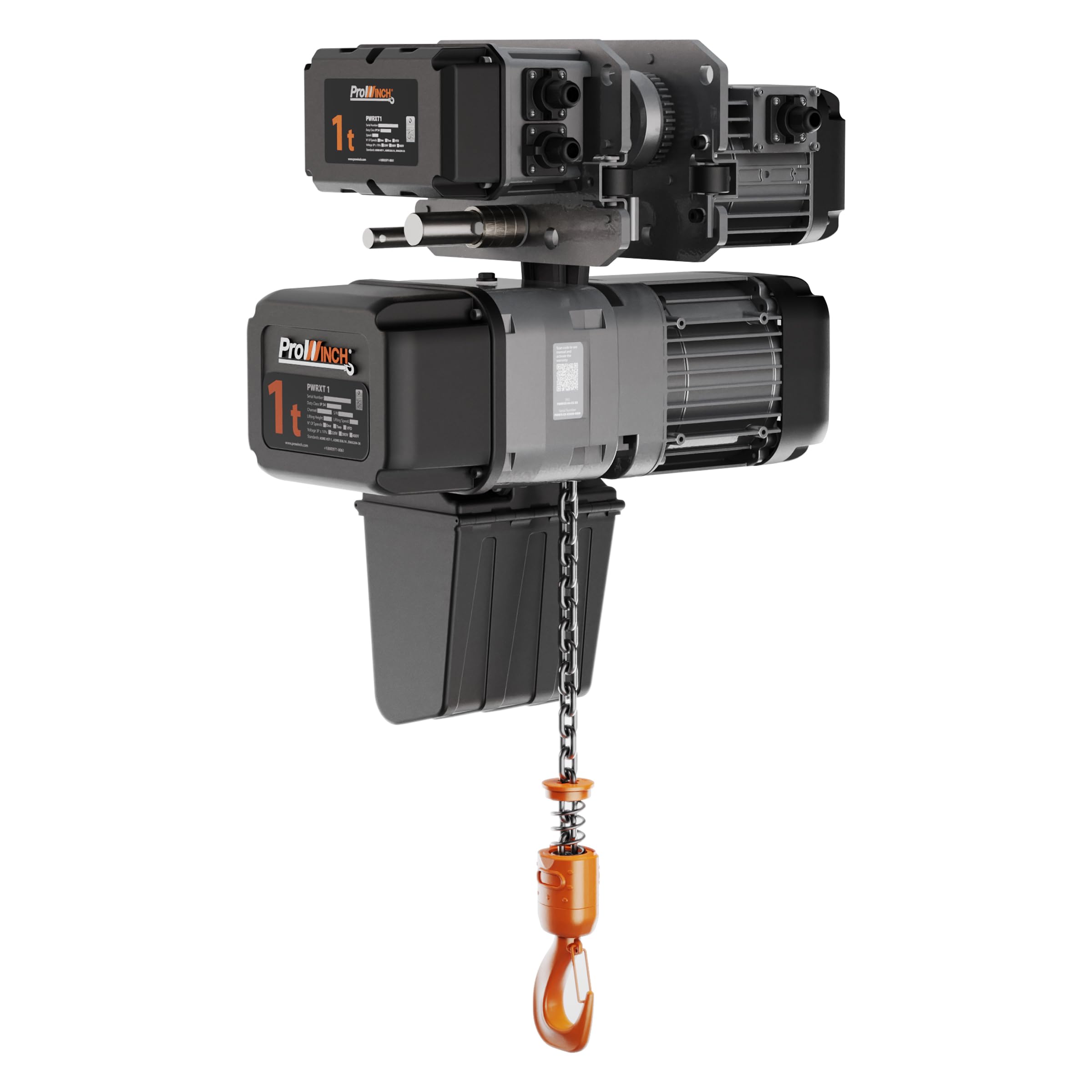 Prowinch 1 Ton Electric Chain Hoist with Power Trolley, Single Speed Operation, Dual Voltage 208~240V / 440~480V, 3-Phase 60Hz, 20ft G100 Nickel-Plated Chain, Heavy-Duty