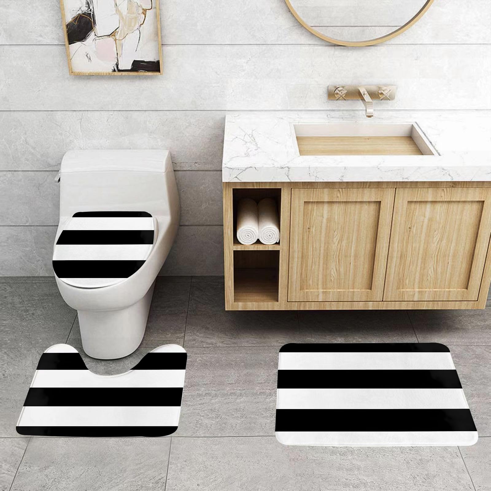 Set di 3 tappetini da Bagno, Lavabili in Lavatrice e Antiscivolo, in Morbida Fibra Superfine, con Righe Bianche e Nere.