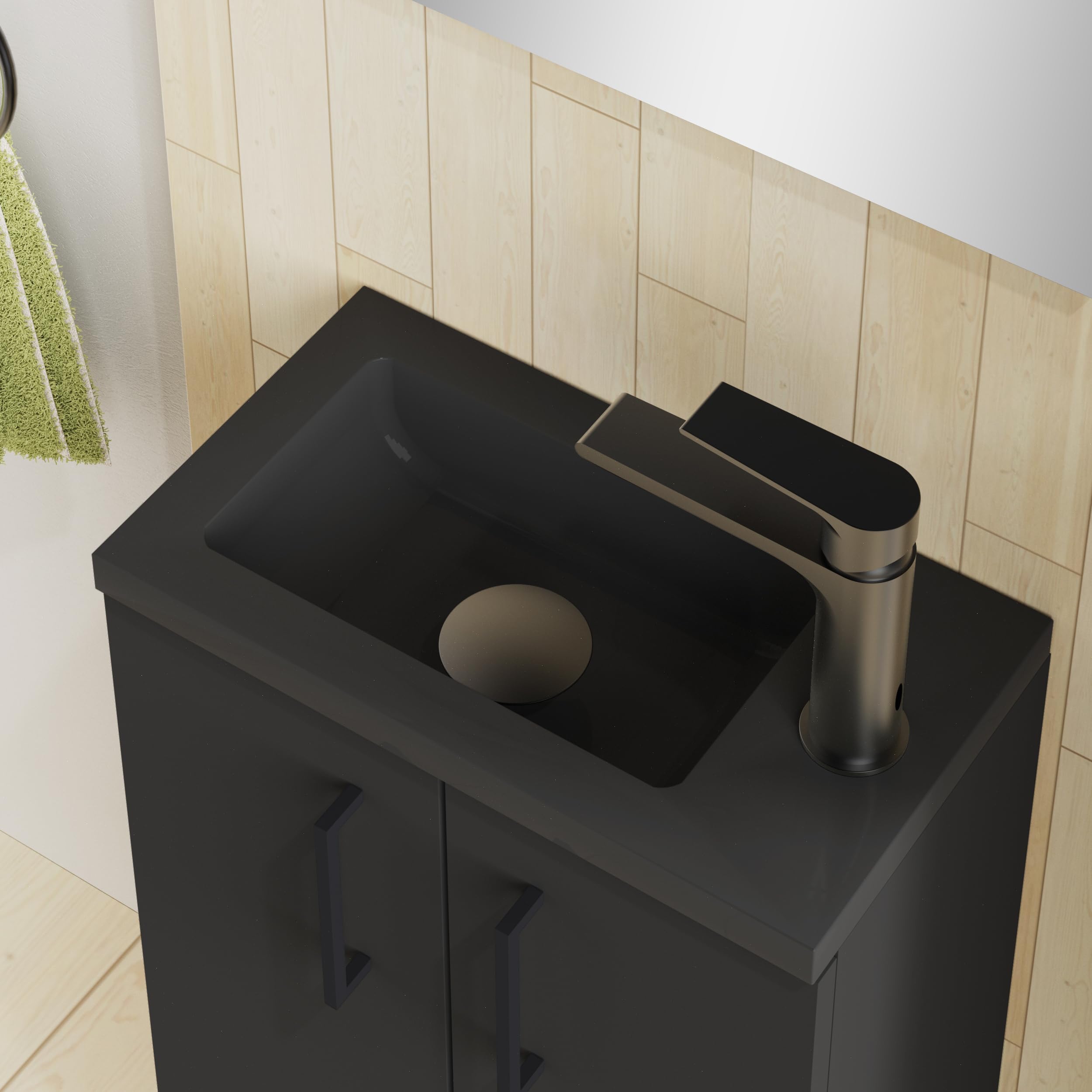 Baikal Mueble de Baño Unicolor. Conjunto de Baño de 2 Puertas con Tirador. Suspendido en Pared, Incluye Lavabo cerámico. Lavamanos de Fondo 20cm. Mueble MONTADO. Lavamanos con Espejo 40 cm Negro Mate