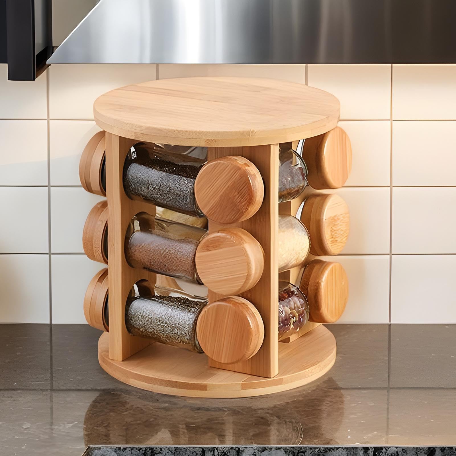 Generisch Estante de madera de cocina, soporte giratorio para jarras de | condimentos, 5,91 x 5,91 x 12,2 pulgadas, organizador de rack, estante de almacenamiento de contenedores de sal para jarras d