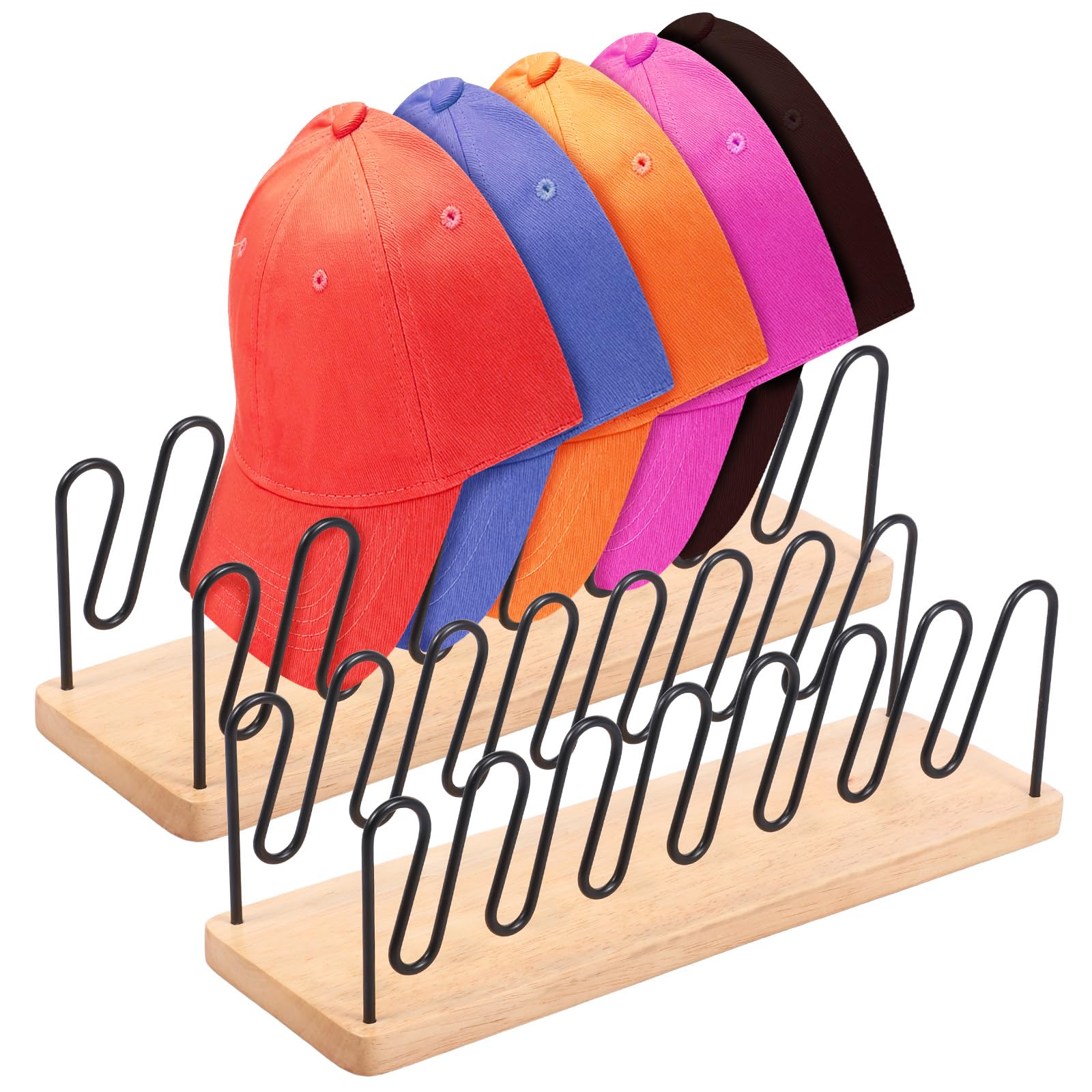 Organizador de sombreros 2 piezas para 14 gorras de béisbol, bandeja de madera maciza y metal, sin instalación
