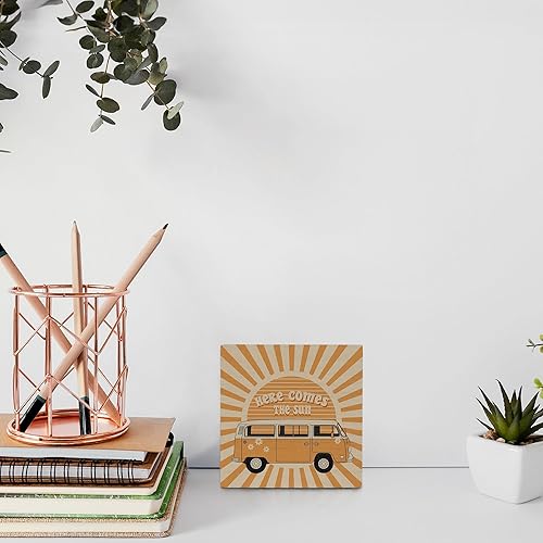 Miniatura 4 de Letrero de madera con texto en inglés "Here Comes the Sun" para decoración de escritorio, moderno retro Groovy de los años 70 para el hogar,