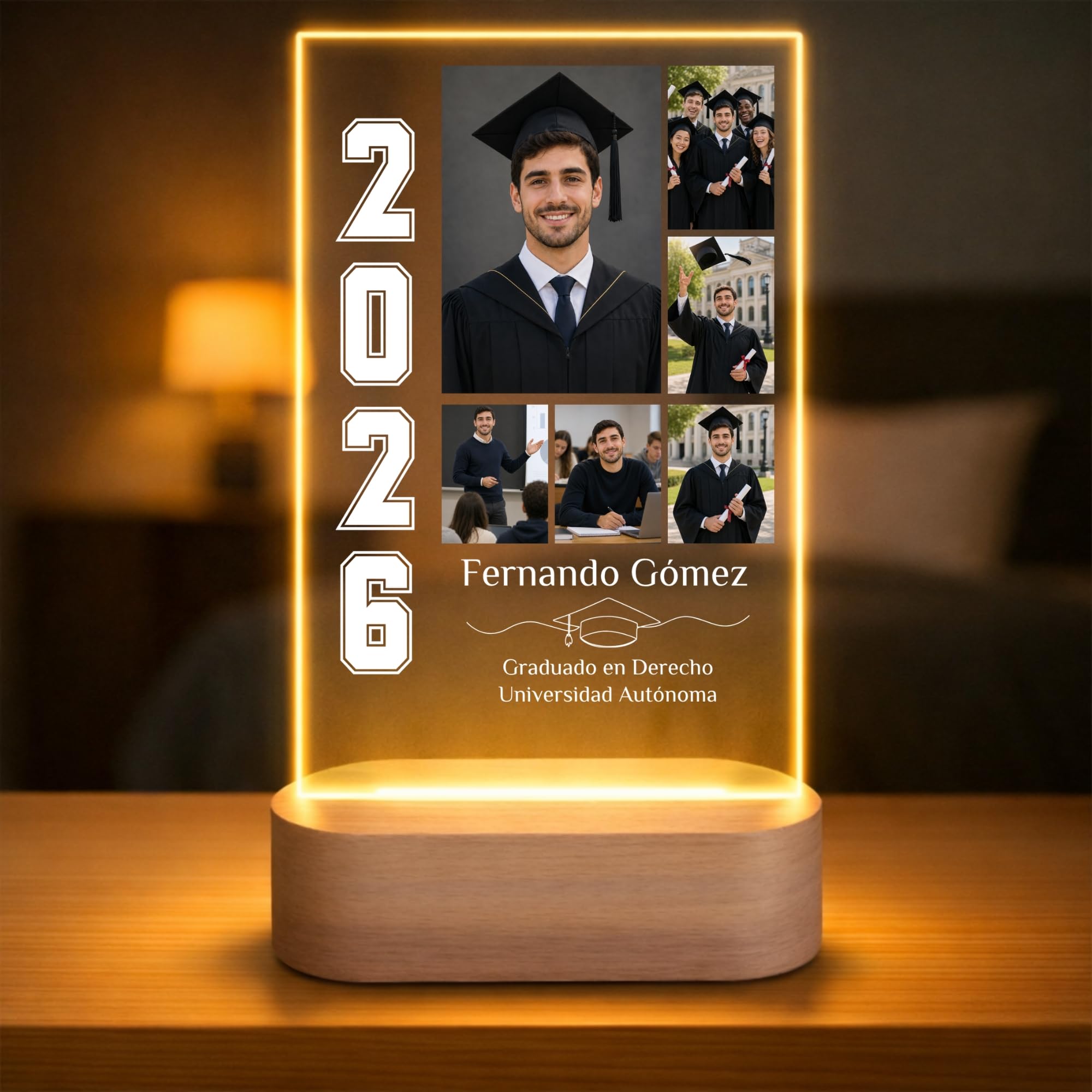 Lámpara personalizada graduacion - Regalo graduación personalizado con placa, fotos, nombre y curso 2026 para infantil, primaria, ESO, bachillerato, universidad - Varios modelos disponibles