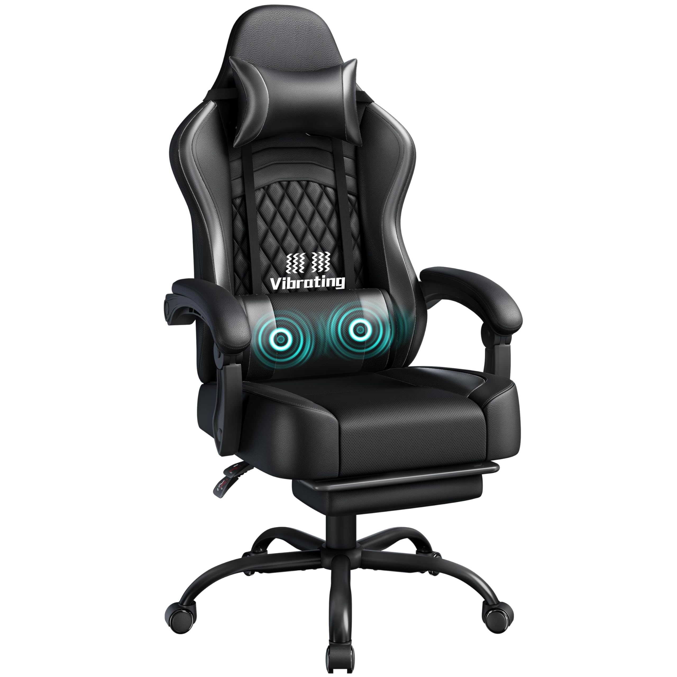 Fauteuil gaming noir intégral ergonomique avec dossier inclinable et repose-pieds coulissant