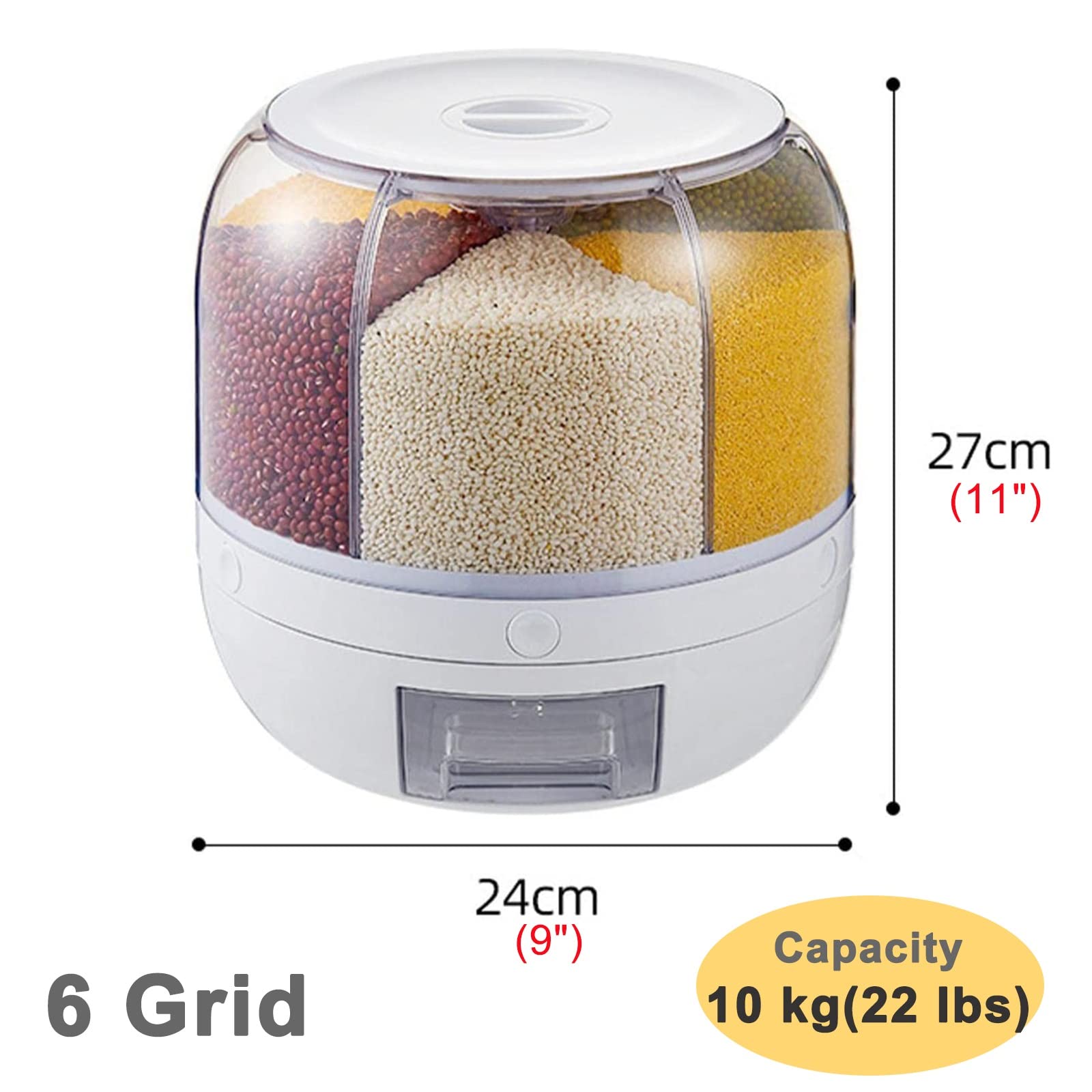 Contenitori per Alimenti Ermetici Distributore di cereali 6 scomparti - Girare Impilabile Sigillabile Piccolo Contenitore per la conservazione del grano, 10 kg Cibi Secchi/ Mais/ Fagioli/ Noci, Piano