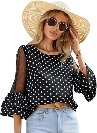 Mesh Women Blouse Transparent Polka Dot Patchwork Shirt Long Sleeve Night Club