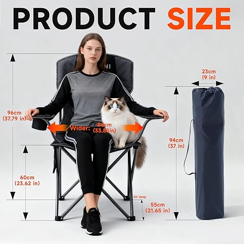 Miniatura 2 de Onini Silla de camping plegable de gran tamaño resistente acolchada para exteriores con taza, almacenamiento de soporte para playa, pesca, viajes,