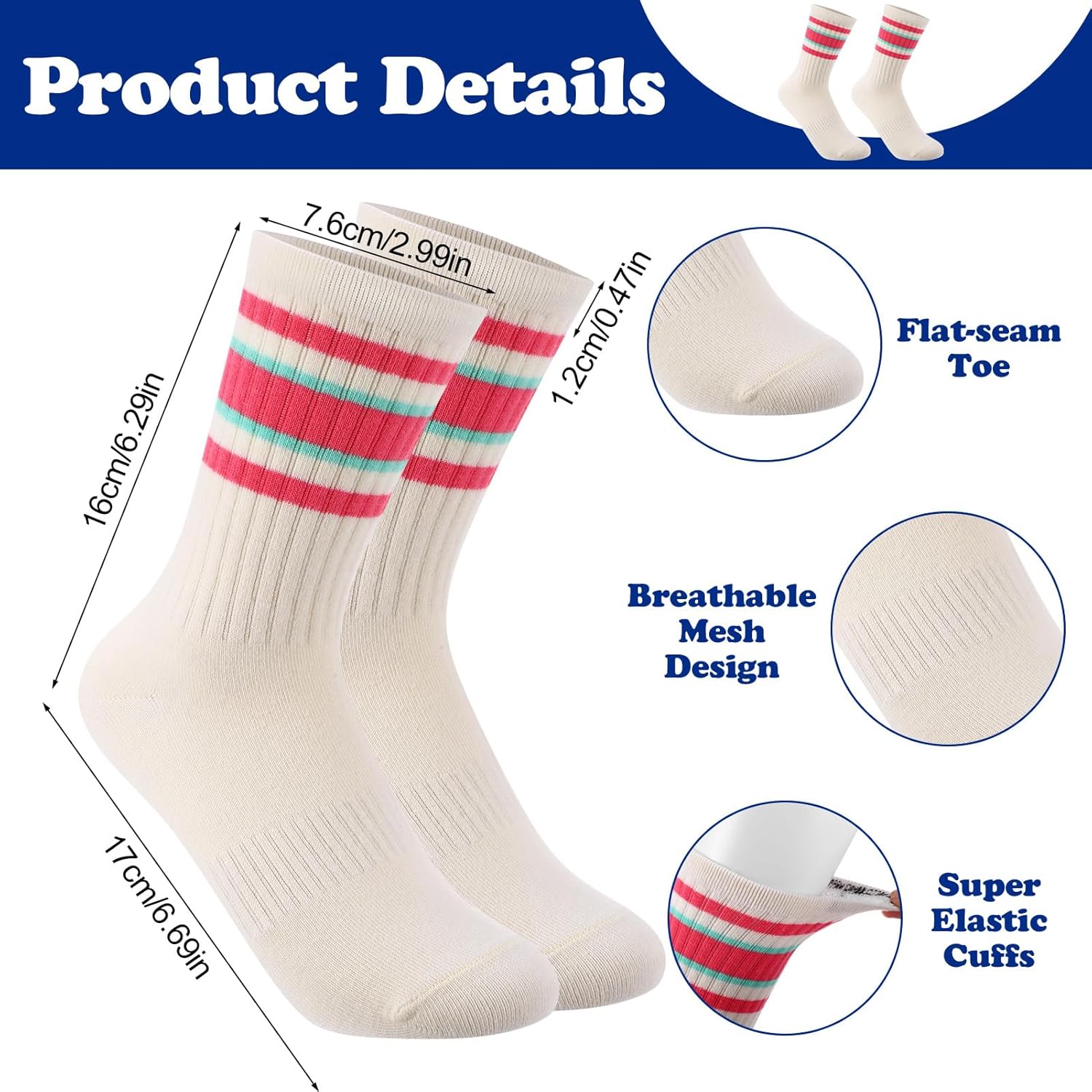 5 Pairs Retro Striped Crew Socks Athletic Cotton Breathable Socks for Women - Image 3