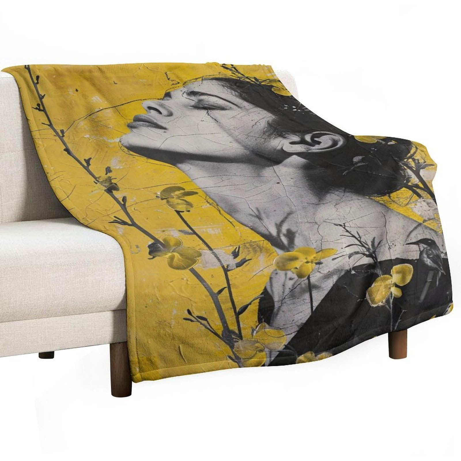 YHGSREUOH Yellow Flower And Bird Woman Collage 04 Flannel Blankets Fleece Soft Throw Lightweight Plush Gifts for Couch, Bed, Cozy Sofa Plush, Chair, Lovers 32x48inch(80x120cm)