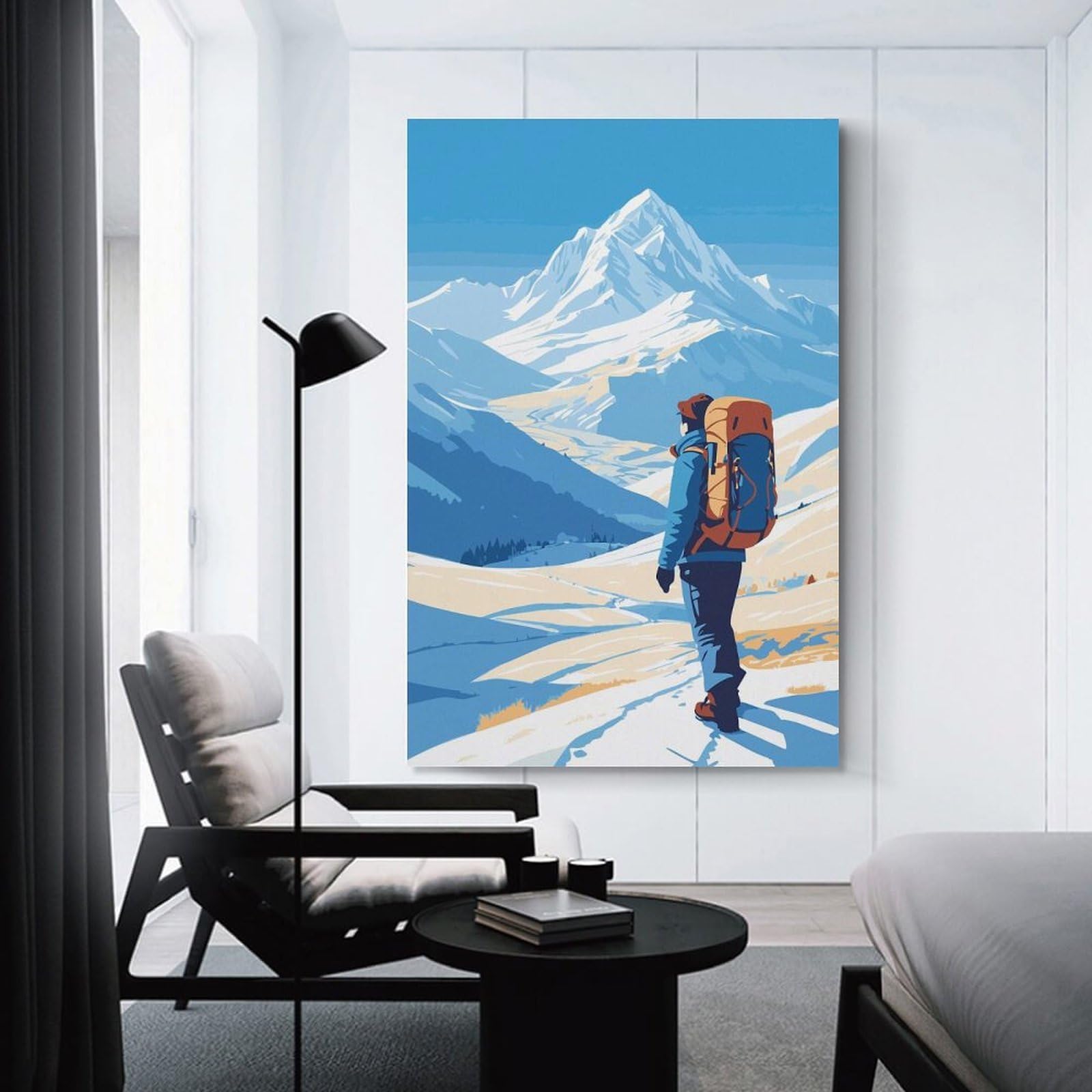 Junmoney Hiker in Snowy Mountain Landscape Hanging Wall Art 24x36inch(60x90cm), for New Homes, Bedrooms Or Workspaces, Thoughtful Wall Decor for Art Lovers