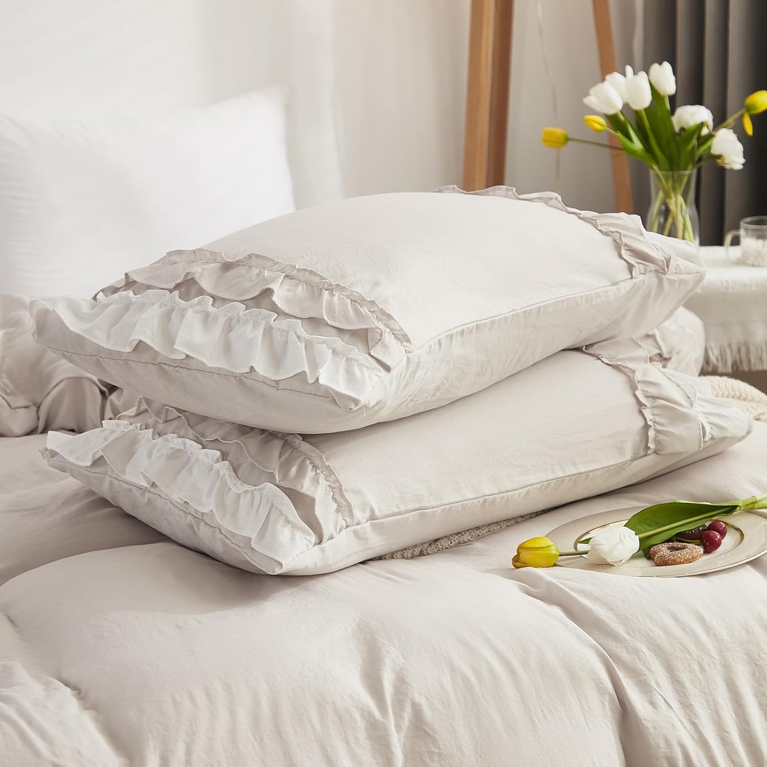 Bedorm Beige Ruffled Comforter Set Queen Boho Bedding Set Cream White Fringe Ruffle Romantic Bedroom Decor Shabby Chic Farmhouse Bedding Comforter - Image 5