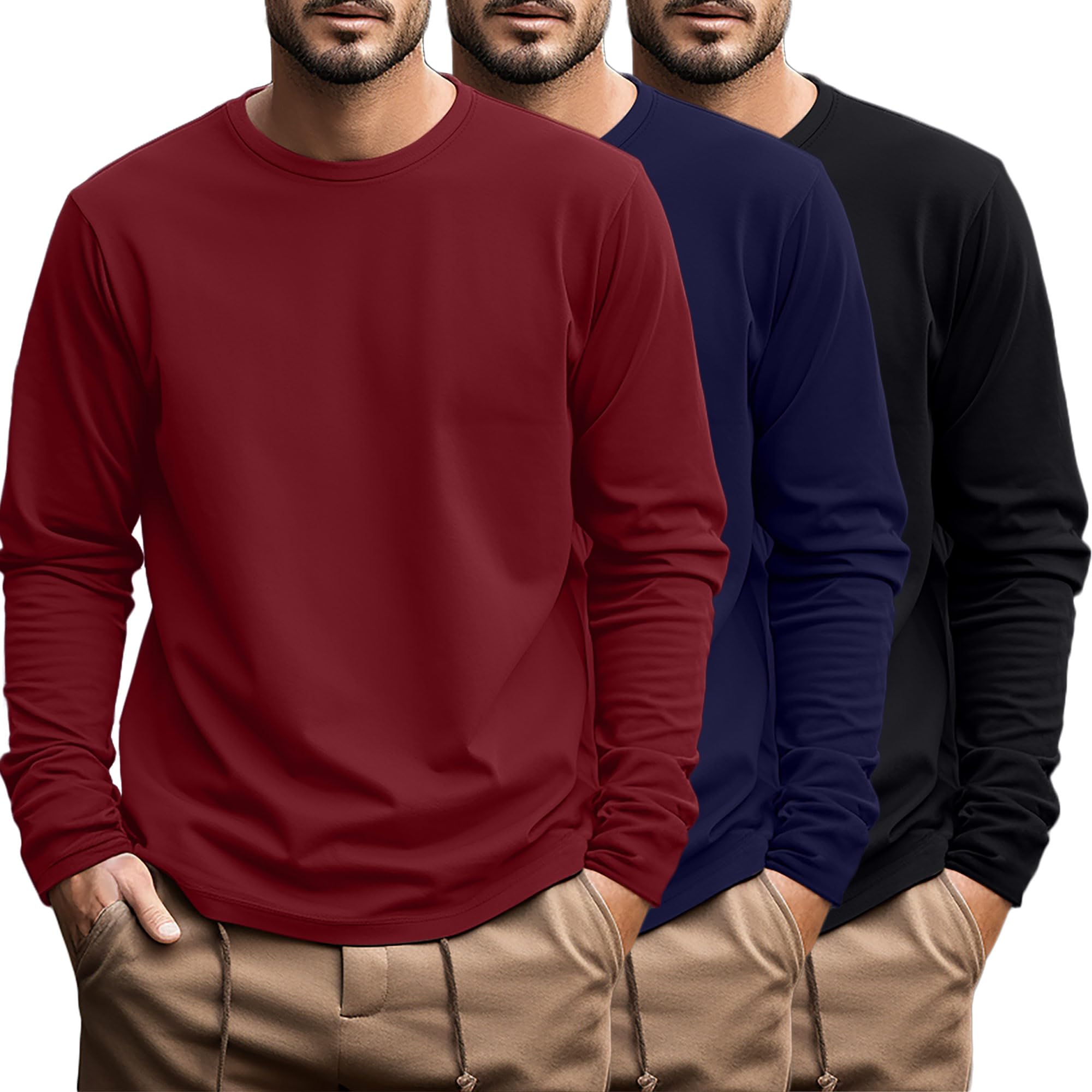 Ficerd - Paquete de 3 Camisetas de algodón de Manga Larga para Hombre, Tallas Grandes y Altas, Cuello Redondo, Talla Grande